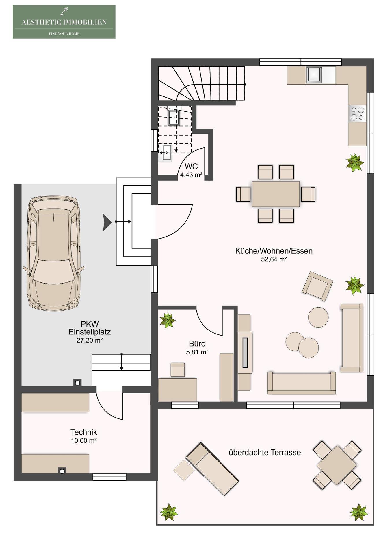 Grundriss des Erdgeschosses mit offenem Wohn-Essbereich, separatem Büro, WC, überdachter Terrasse und PKW-Stellplatz.