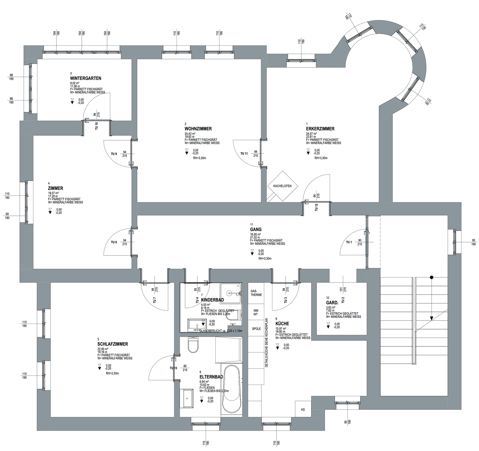 Grundriss einer Wohnung mit Wintergarten, Kachelofen und zwei Bädern, inklusive Erkerzimmer.