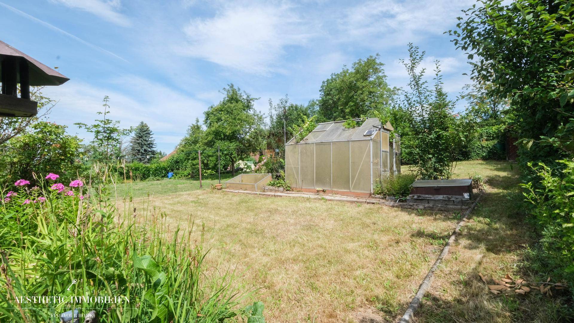 Großer, sonniger Garten mit Rasenfläche, Gewächshaus und viel Grün.