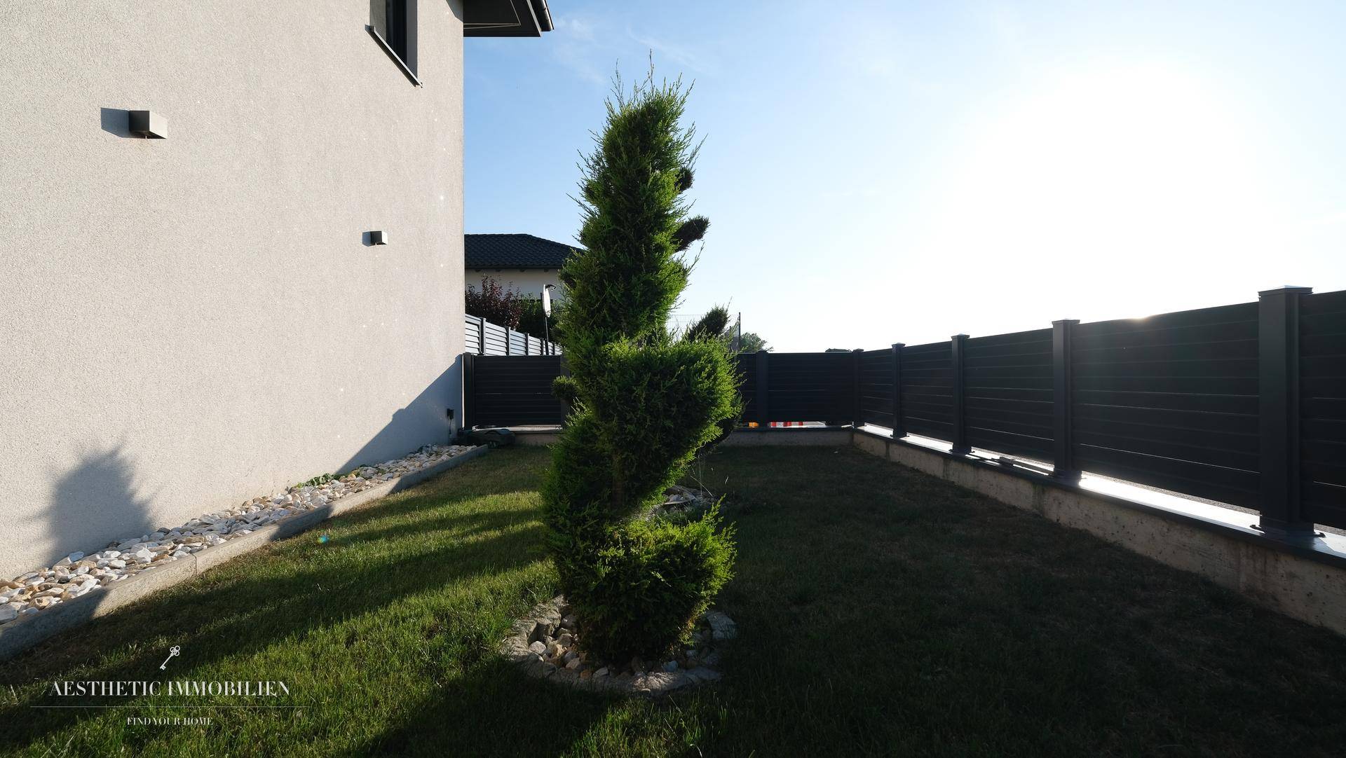 Seitlicher Gartenbereich mit Rasen, dekorativem Baum und Zaun.