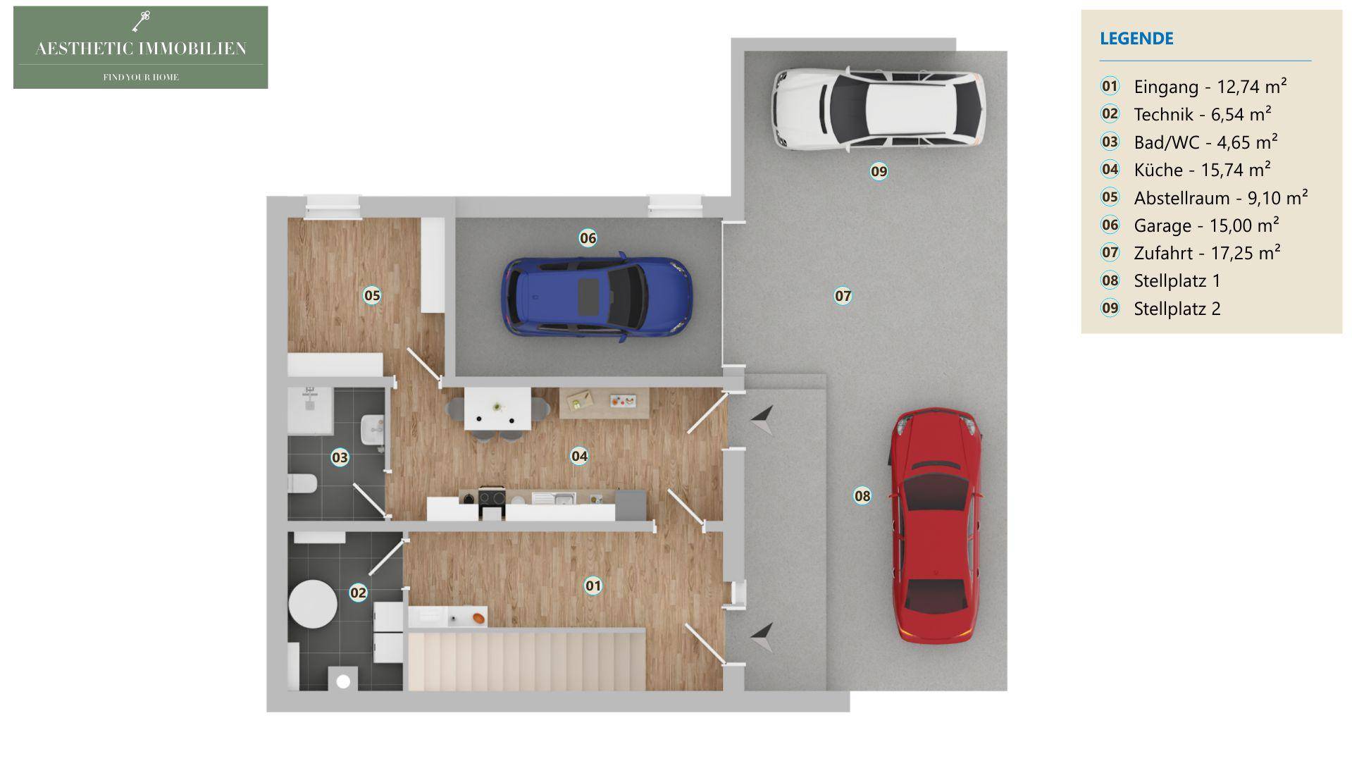 Grundriss des Erdgeschosses mit Eingangsbereich, Technikraum und Garage.