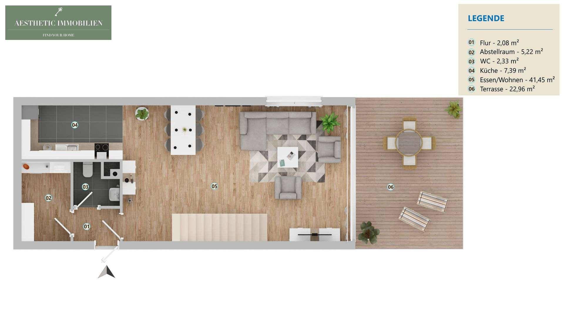 Grundriss des Erdgeschosses mit offenem Wohn-Essbereich, Küche und großer Terrasse.