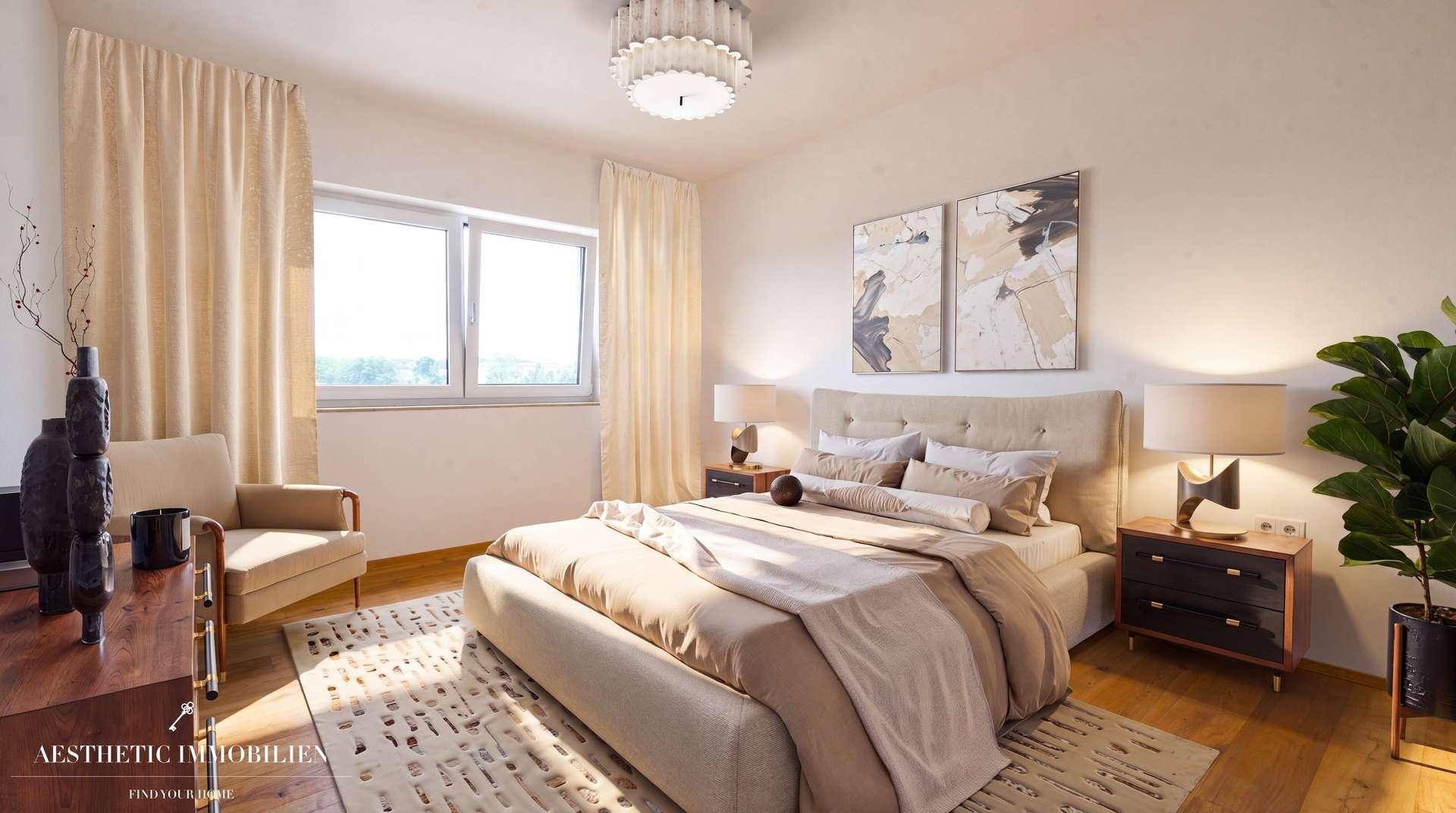 Gemütliches Schlafzimmer mit großem Bett, Holzboden und viel natürlichem Licht.