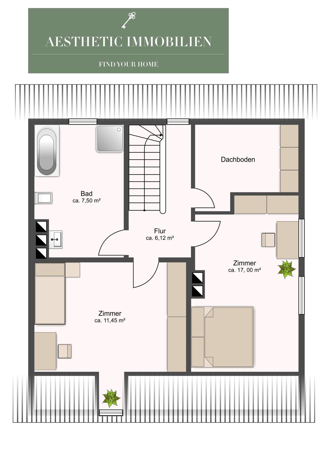 Grundriss des Obergeschosses mit zwei Schlafzimmern, Badezimmer und Zugang zum Dachboden.