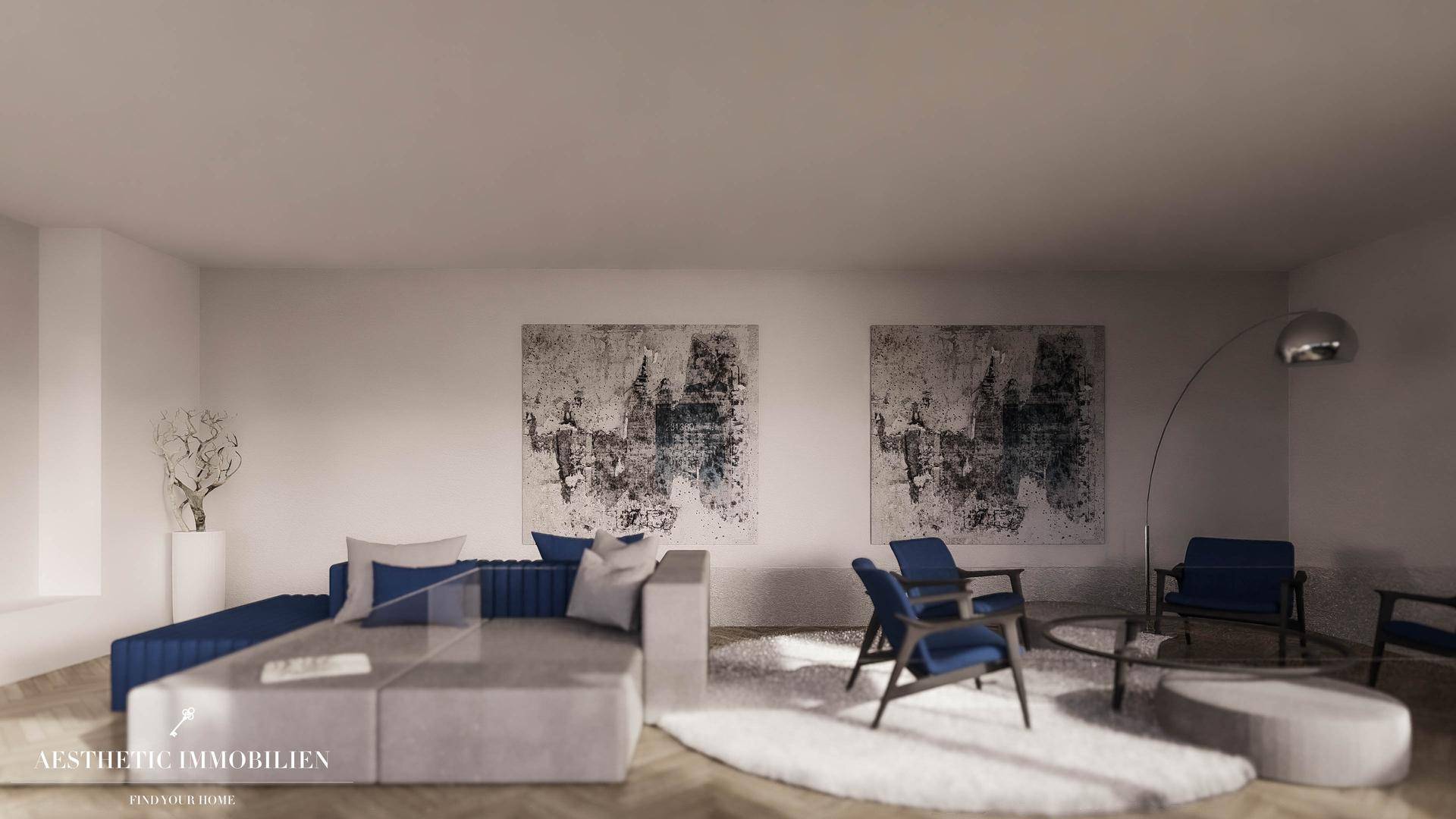 Visualisierung eines modernen Wohnzimmers mit blauen Akzenten und Kunstwerken.