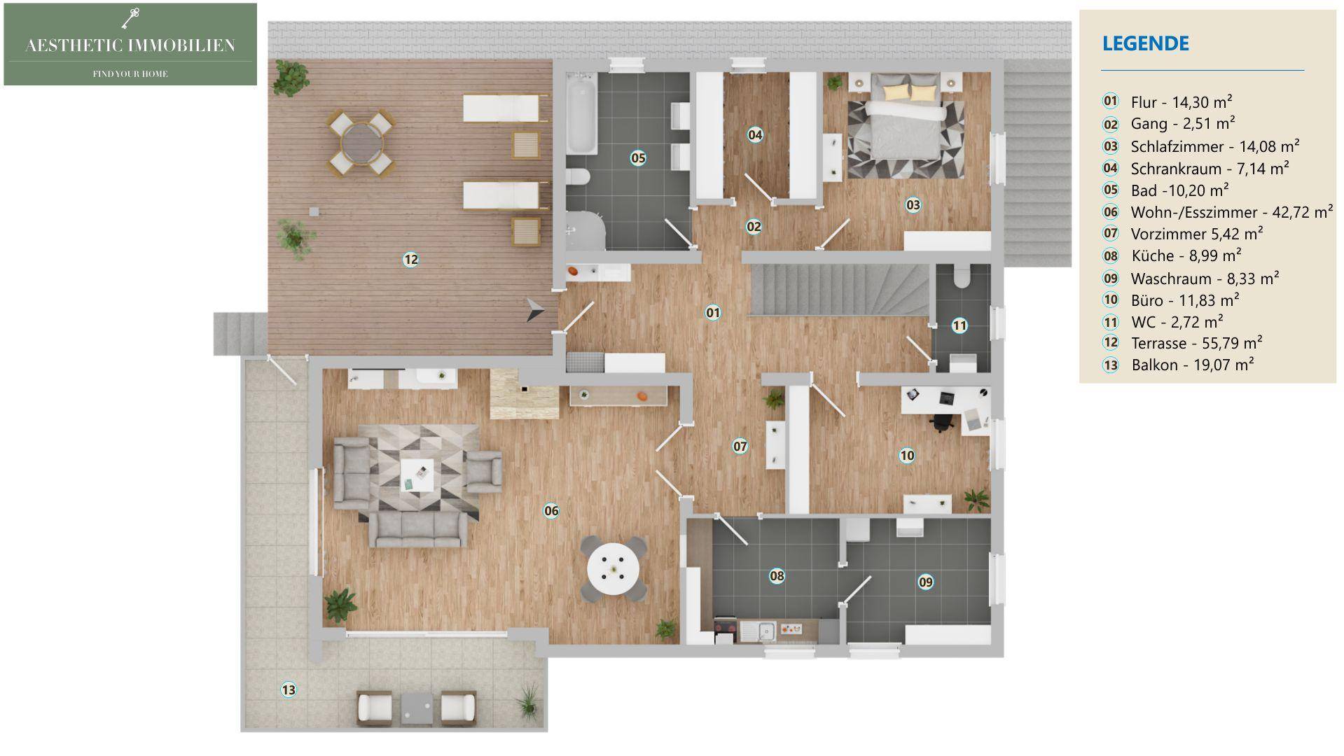 Grundriss des Obergeschosses mit offenem Wohn-Essbereich, Küche, Schlafzimmer, Büro, großer Terrasse und Balkon.
