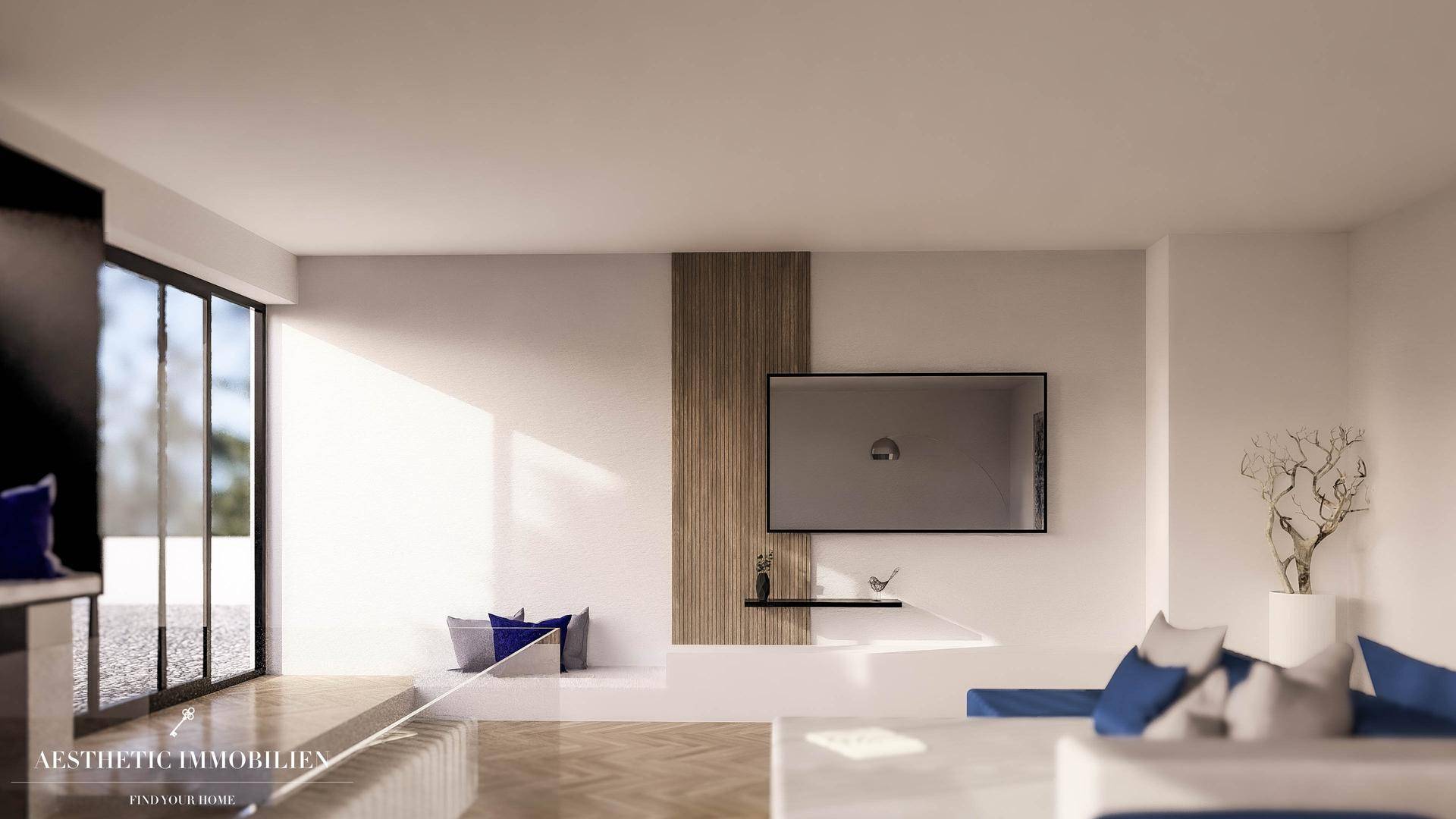 Helle Visualisierung eines Wohnzimmers mit großen Fenstern und minimalistischer Einrichtung.