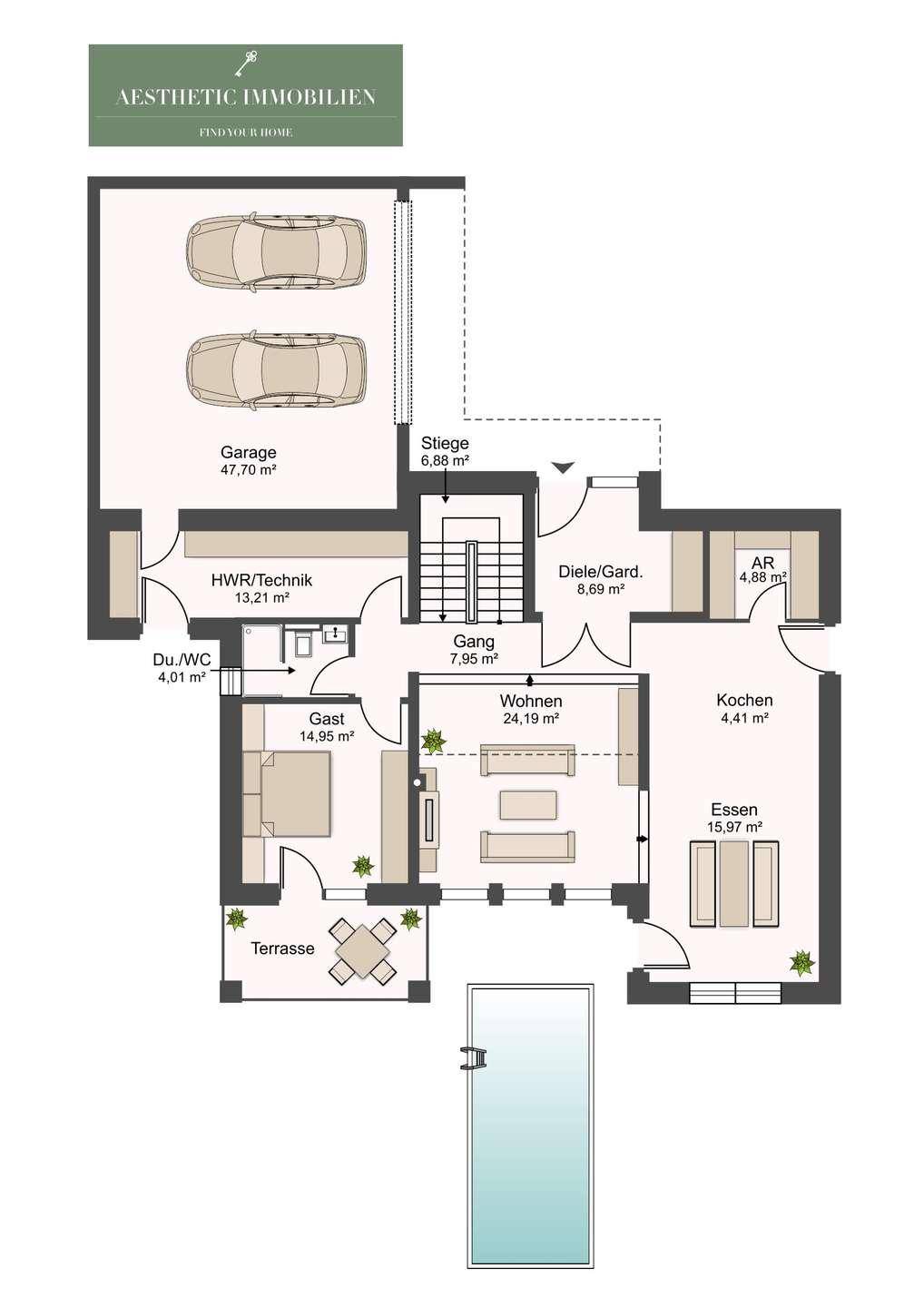 Grundriss des Erdgeschosses mit Garage, Wohnbereich, Küche und Terrasse.