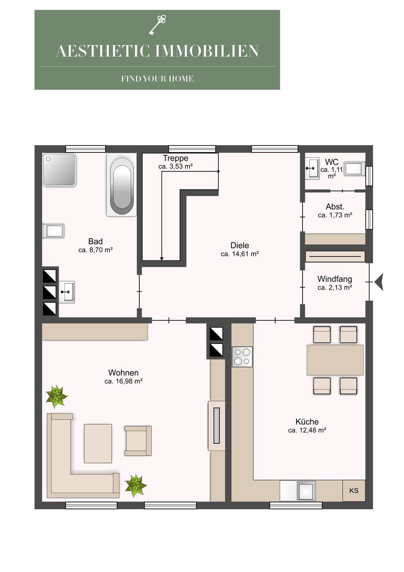 Grundriss des Erdgeschosses mit separater Küche, Wohnzimmer, Badezimmer und Gäste-WC.