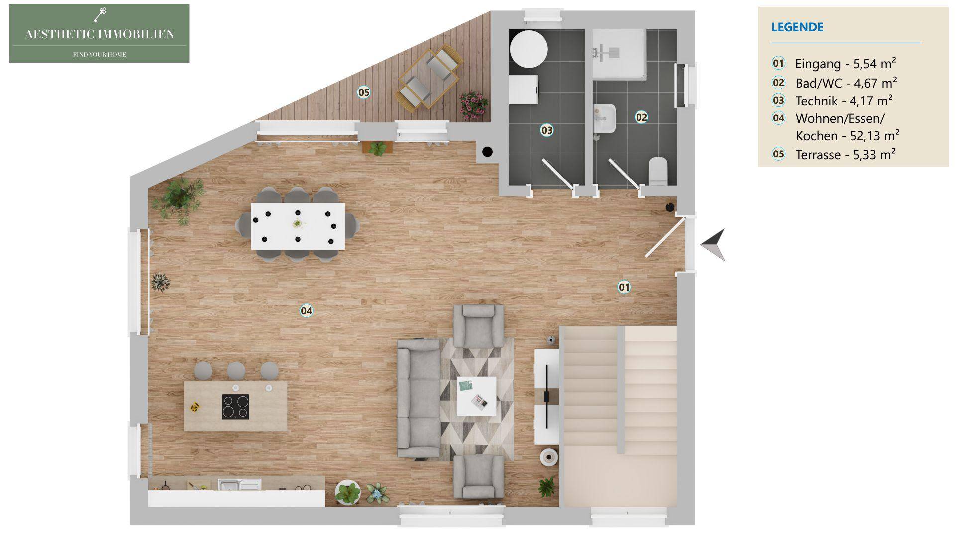 Grundriss des Erdgeschosses mit offenem Wohn-Essbereich, Küche und Terrasse.