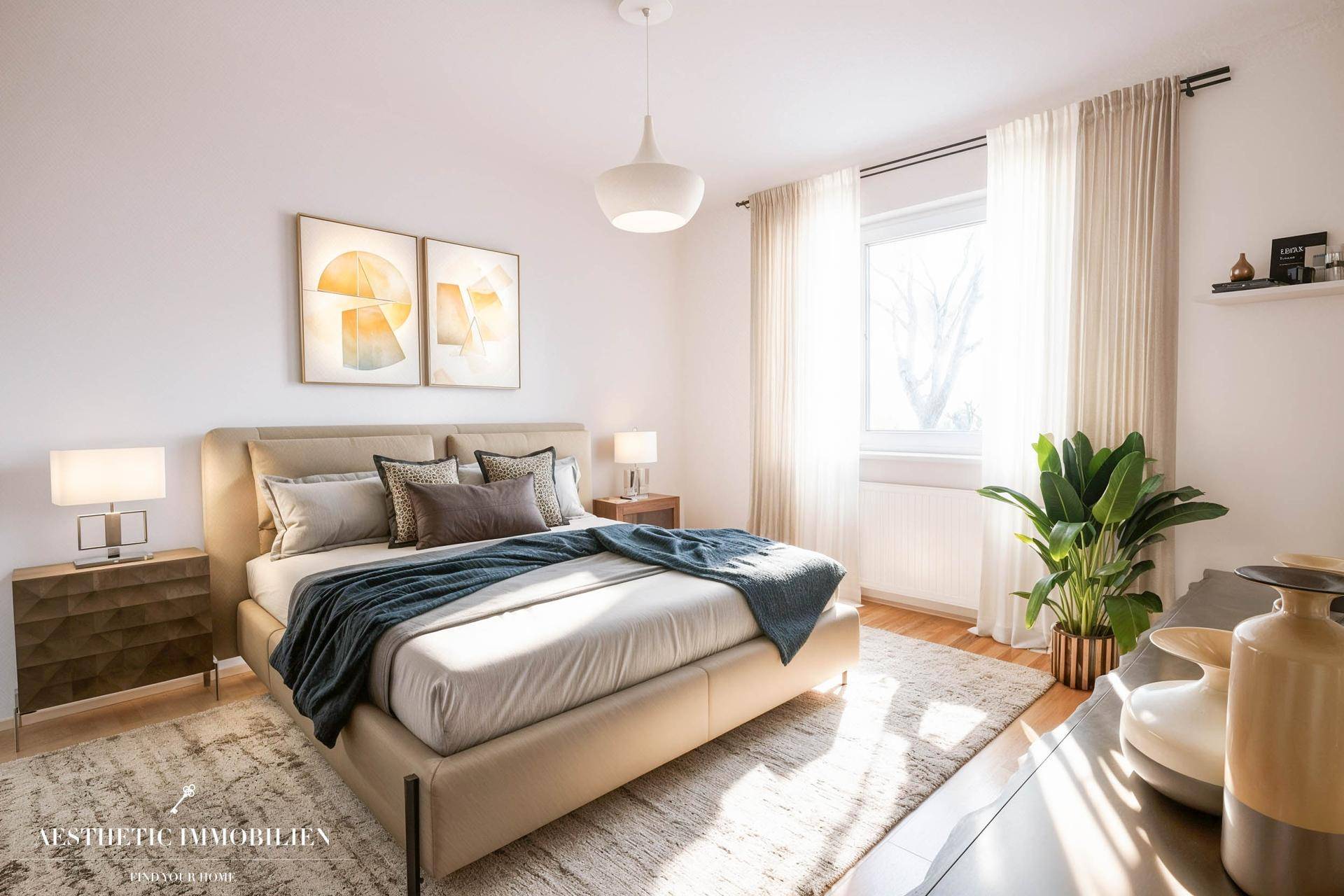 Modern eingerichtetes Schlafzimmer mit Doppelbett, Parkettboden und viel Tageslicht.