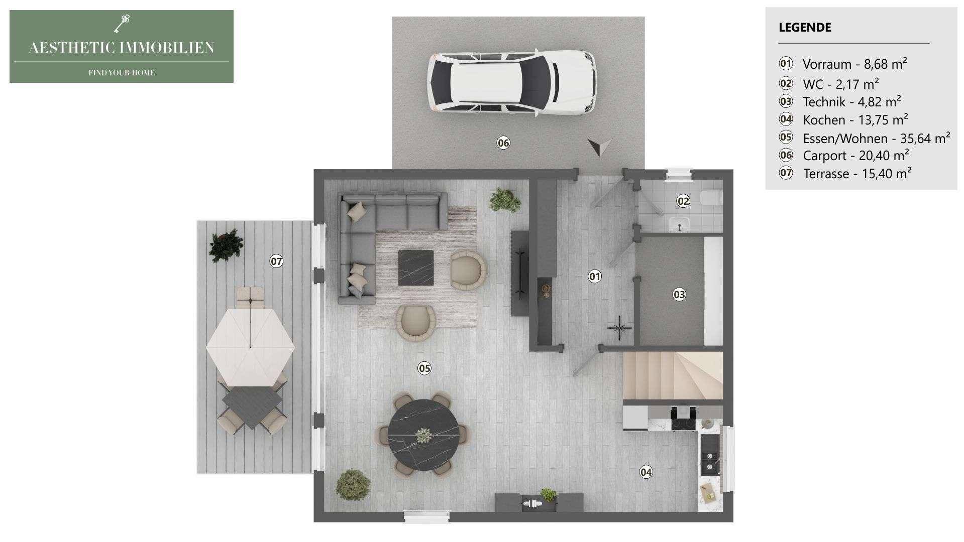 Grundriss des Erdgeschosses mit Wohnbereich, Küche und Terrasse.