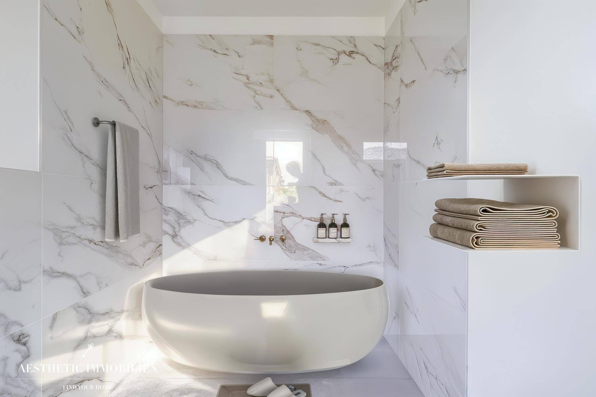 Luxuriöses Badezimmer mit freistehender Badewanne und eleganten Marmorfliesen, modernes Design.
