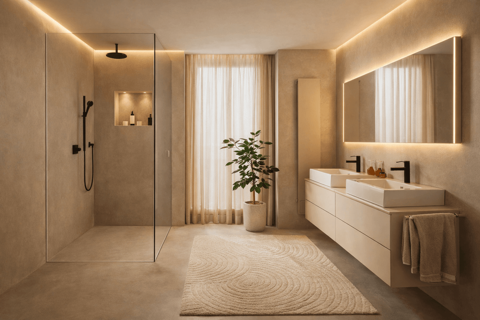 Modernes Badezimmer mit begehbarer Dusche, Doppelwaschbecken und indirekter Beleuchtung.