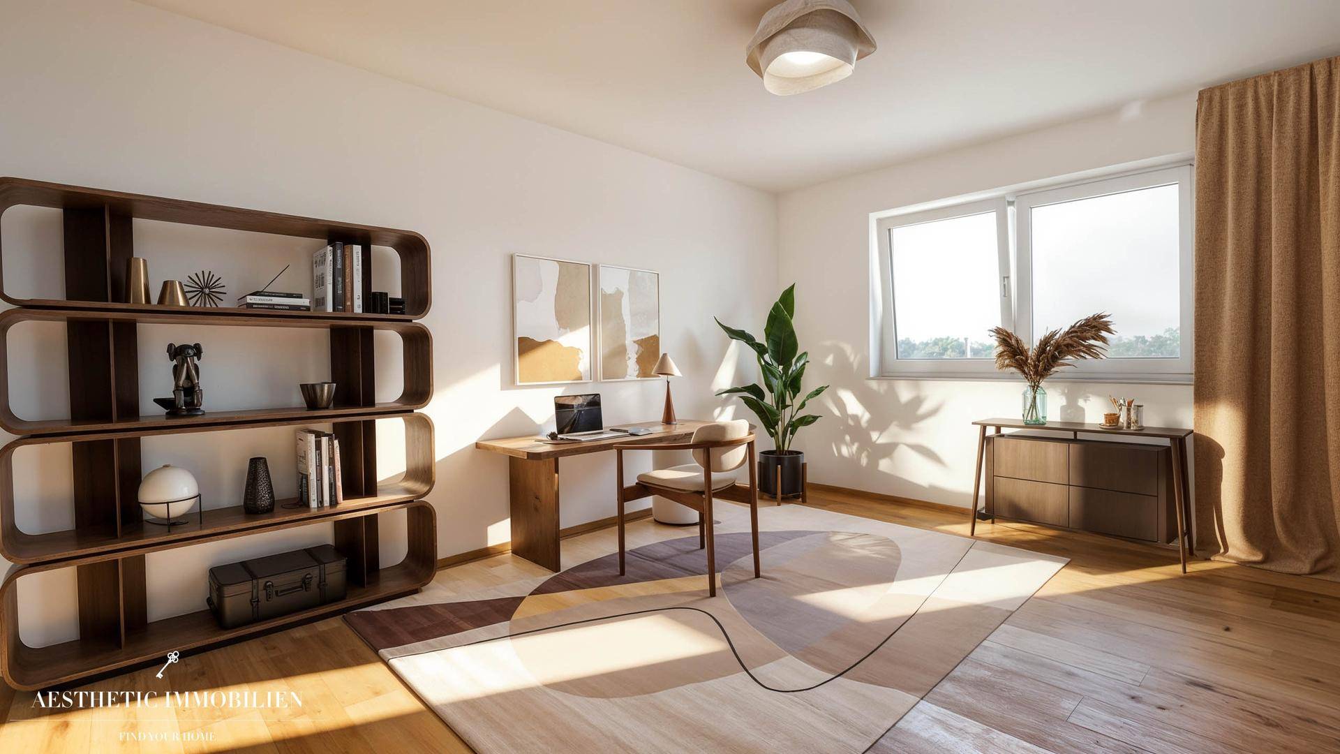 Helles Arbeitszimmer mit modernem Schreibtisch, Regal und Holzboden, ideal für Home-Office.