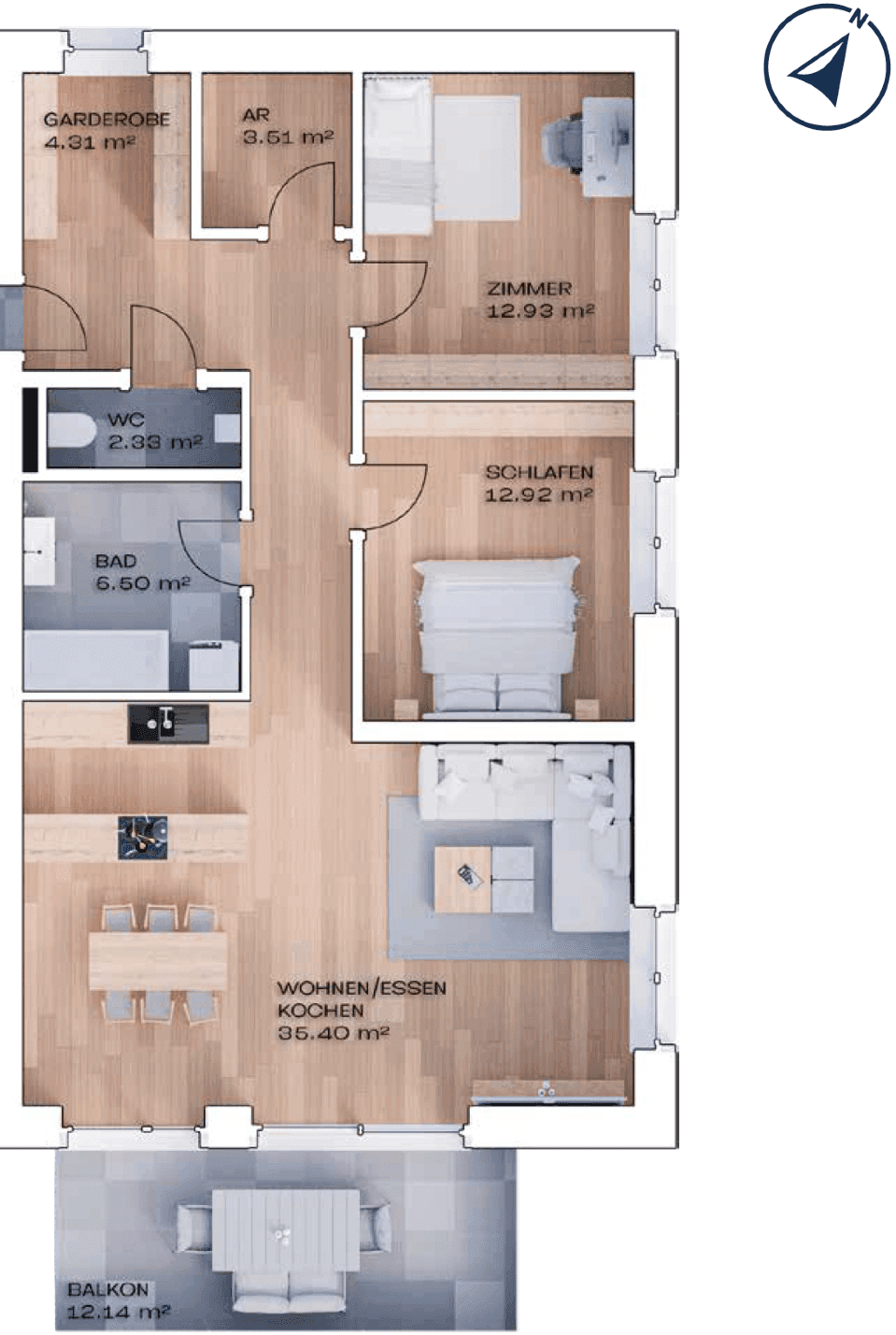 Detaillierter Grundriss mit offenem Wohnbereich, zwei Schlafzimmern, Bad, WC und großem Balkon.