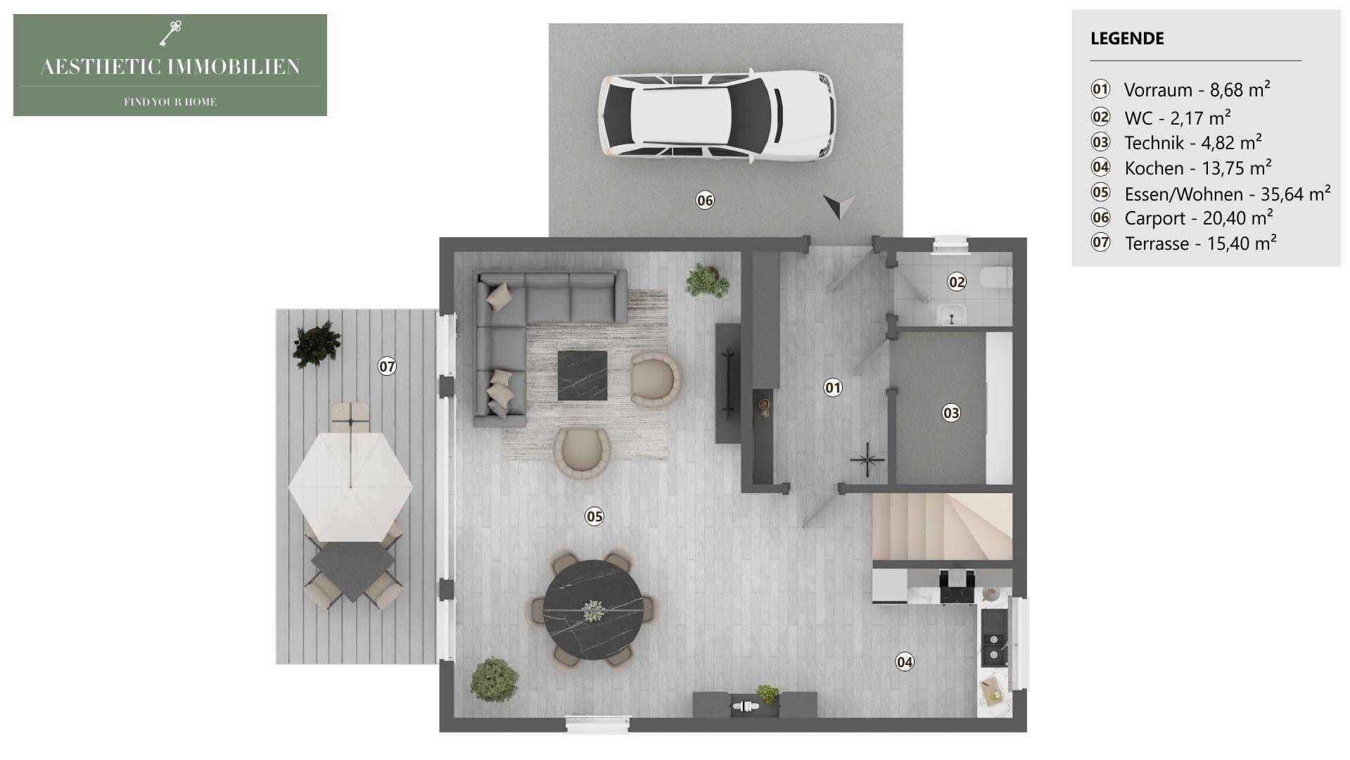 Grundriss des Erdgeschosses mit offenem Wohn-Essbereich, Küche, WC und großer Terrasse.