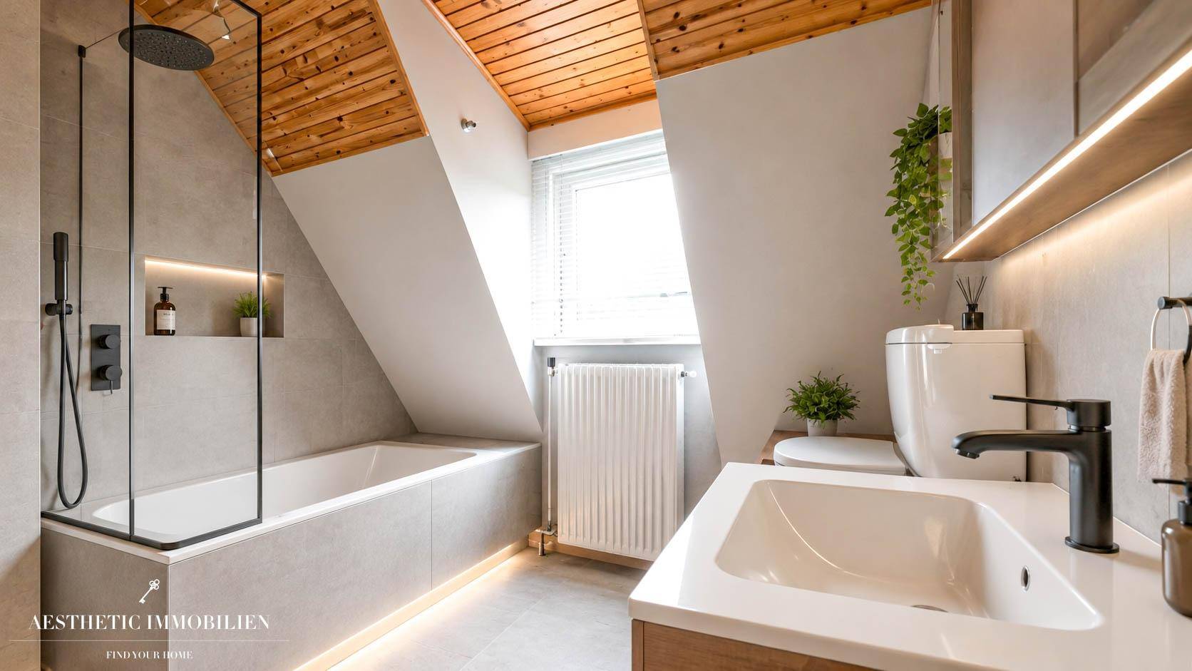 Modernes Badezimmer im Dachgeschoss mit Badewanne, Regendusche und Dachschräge.