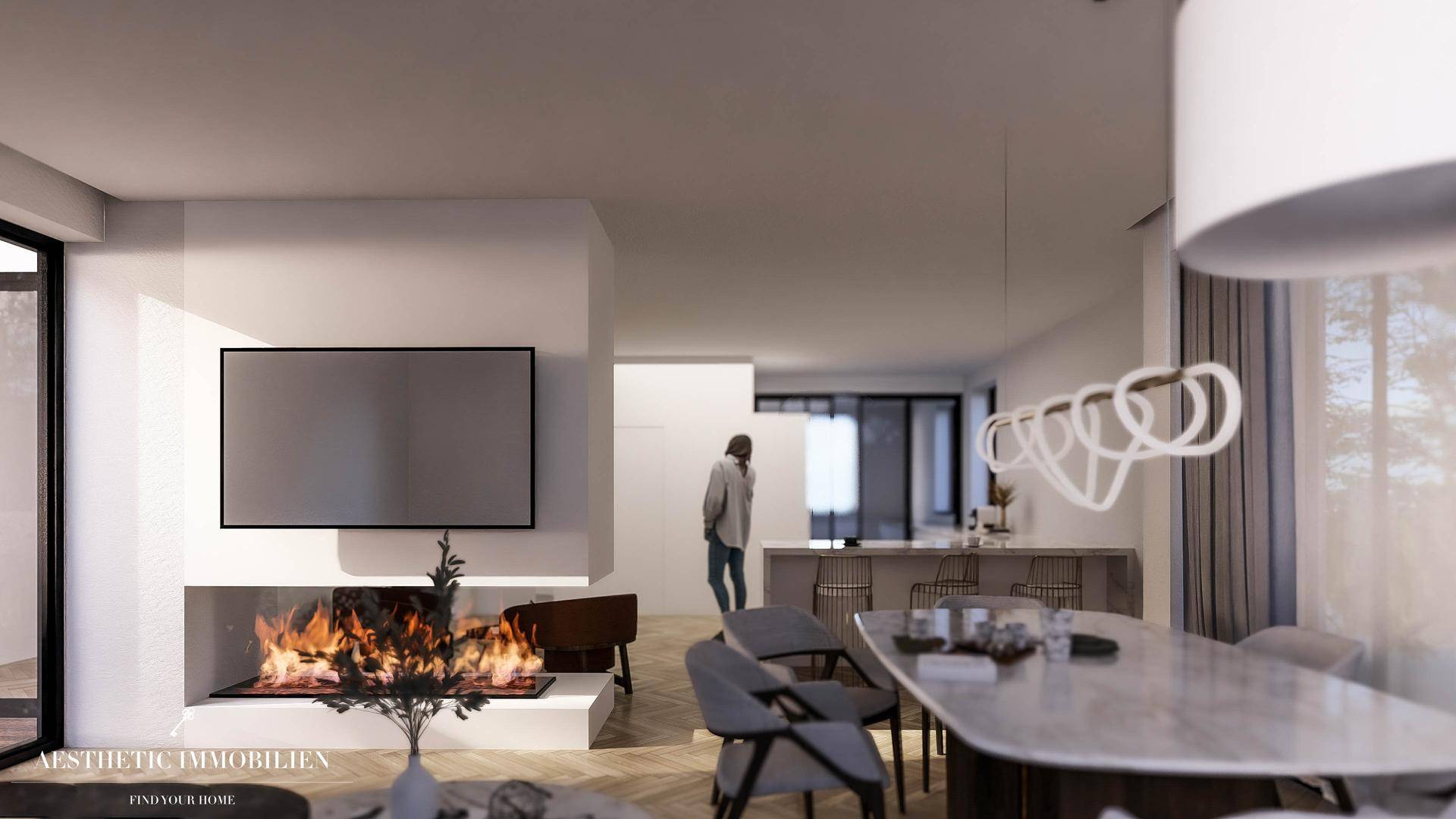 Moderne Wohn- und Essbereichs-Visualisierung mit Kamin und offener Gestaltung.