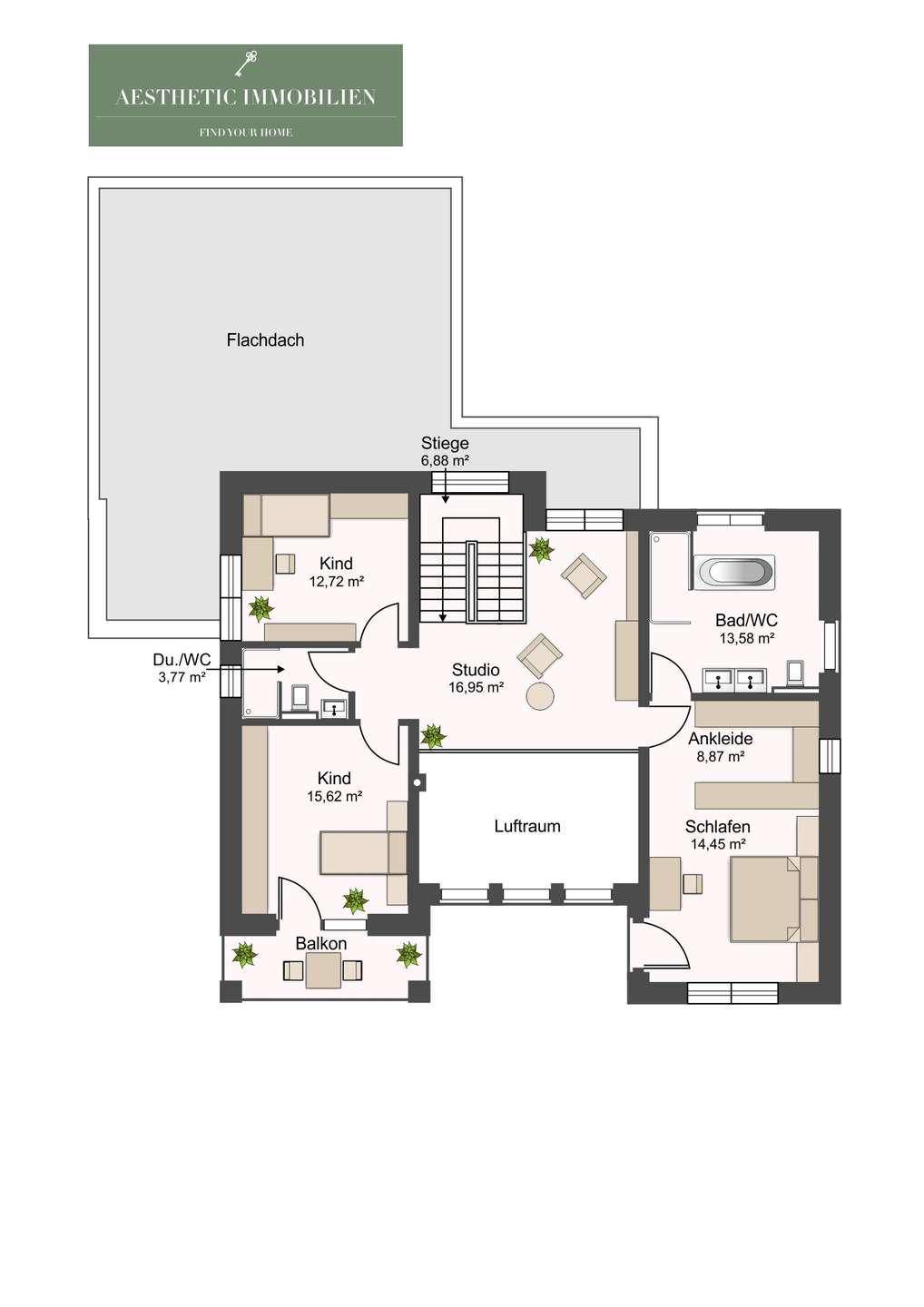 Grundriss einer Maisonette-Wohnung mit offenem Luftraum, Balkon und zwei Bädern.
