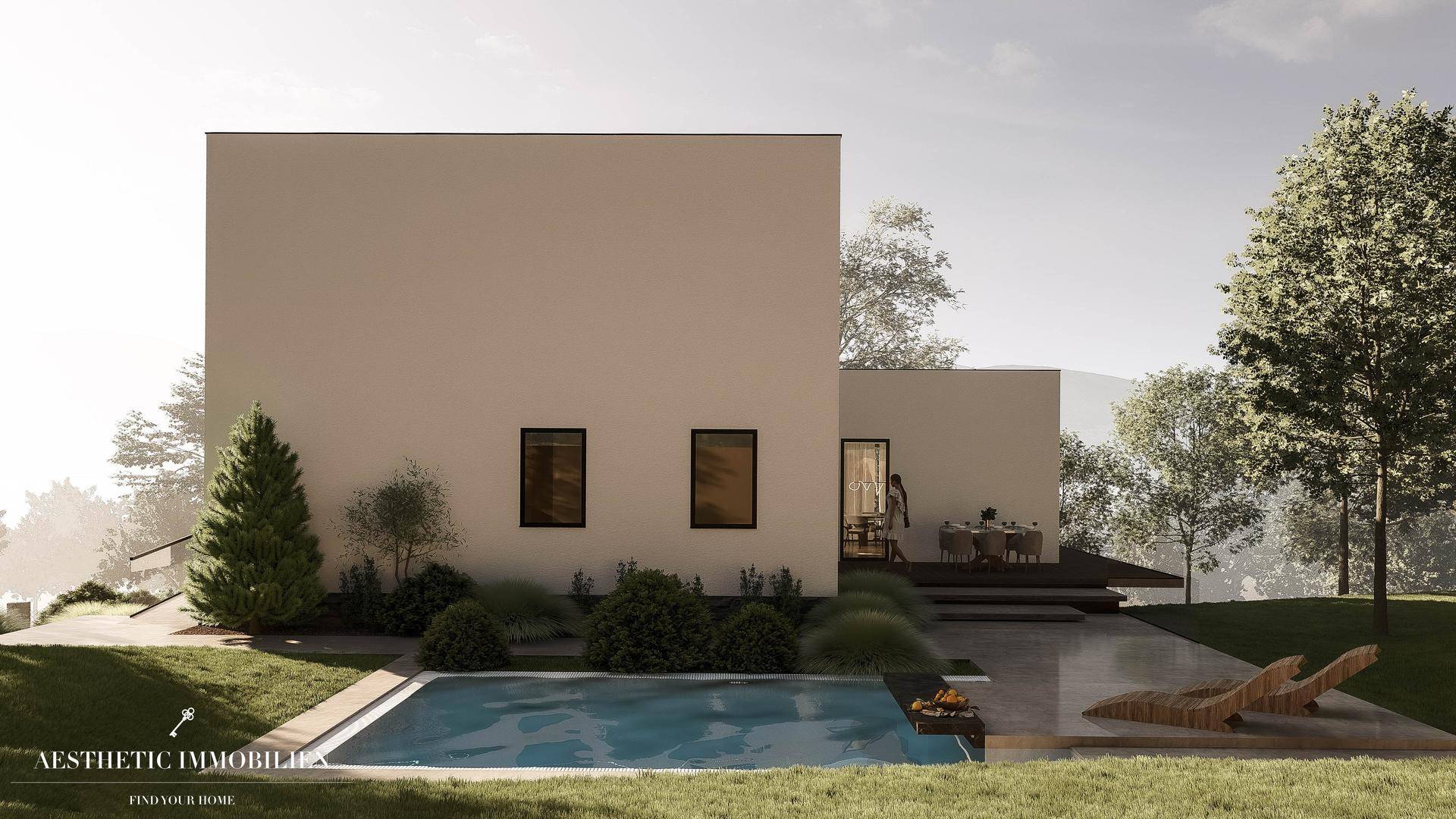 Visualisierung eines modernen Hauses mit Garten, Pool und Terrasse.