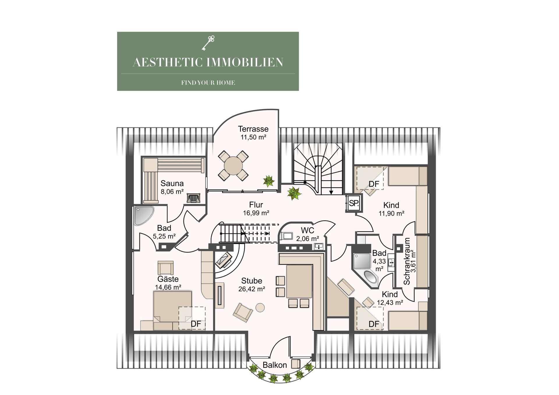 Grundriss des Obergeschosses mit Terrasse, Balkon, Sauna, zwei Bädern und weiteren Schlafzimmern.