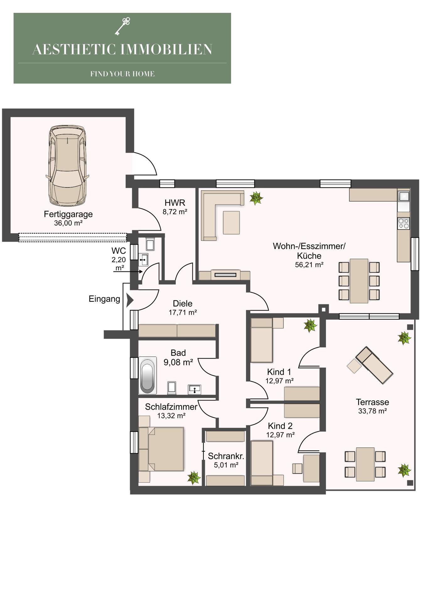 Detaillierter Grundriss des Hauses mit Garage, Wohnbereich, Schlafzimmern und Terrasse.