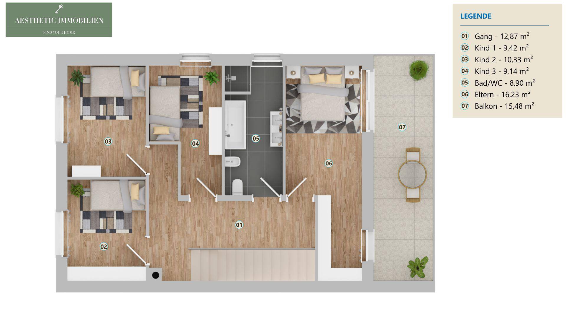 Grundriss des Obergeschosses mit drei Schlafzimmern, Badezimmer und Balkon.