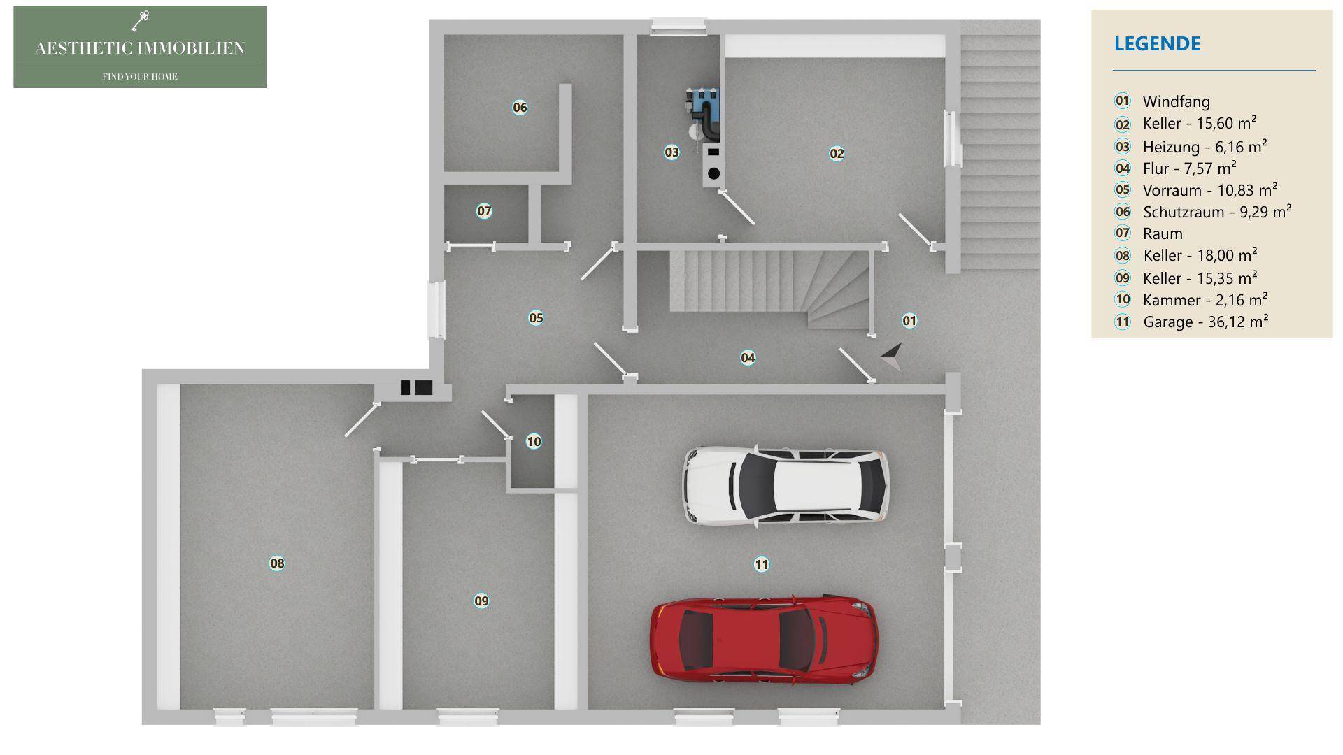 Grundriss des Untergeschosses mit Garage, Keller- und Heizungsräumen sowie einem Windfang.