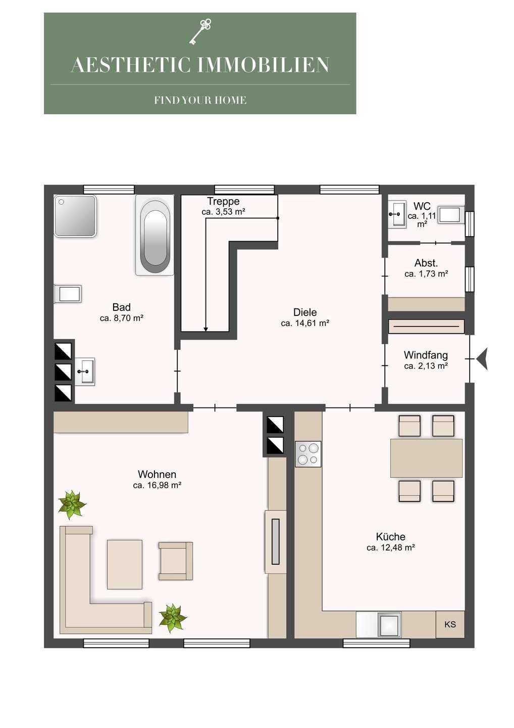 Grundriss des Erdgeschosses mit Wohnzimmer, Küche, Bad und Diele.