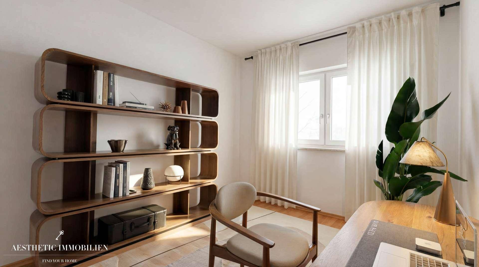 Modernes Arbeitszimmer mit elegantem Holzregal, Schreibtisch und Fenster für angenehmes Tageslicht.