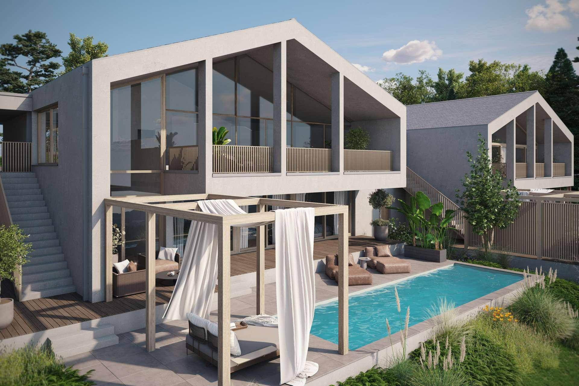Elegante Villa mit Poolbereich, Liegemöglichkeiten und Pergola für entspannte Stunden im Freien.