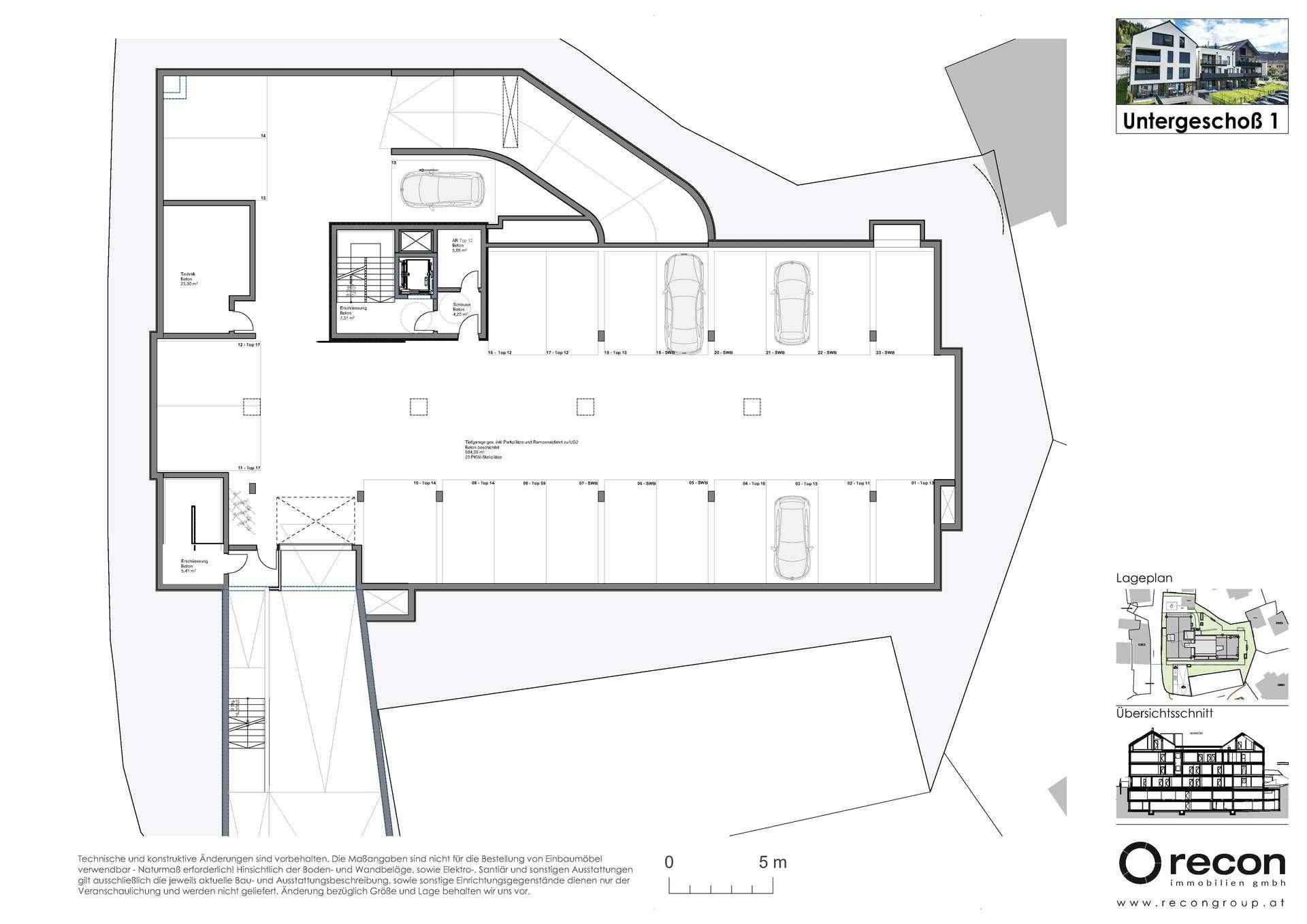 Grundriss des ersten Untergeschosses mit Tiefgarage, mehreren Stellplätzen und Abstellräumen.