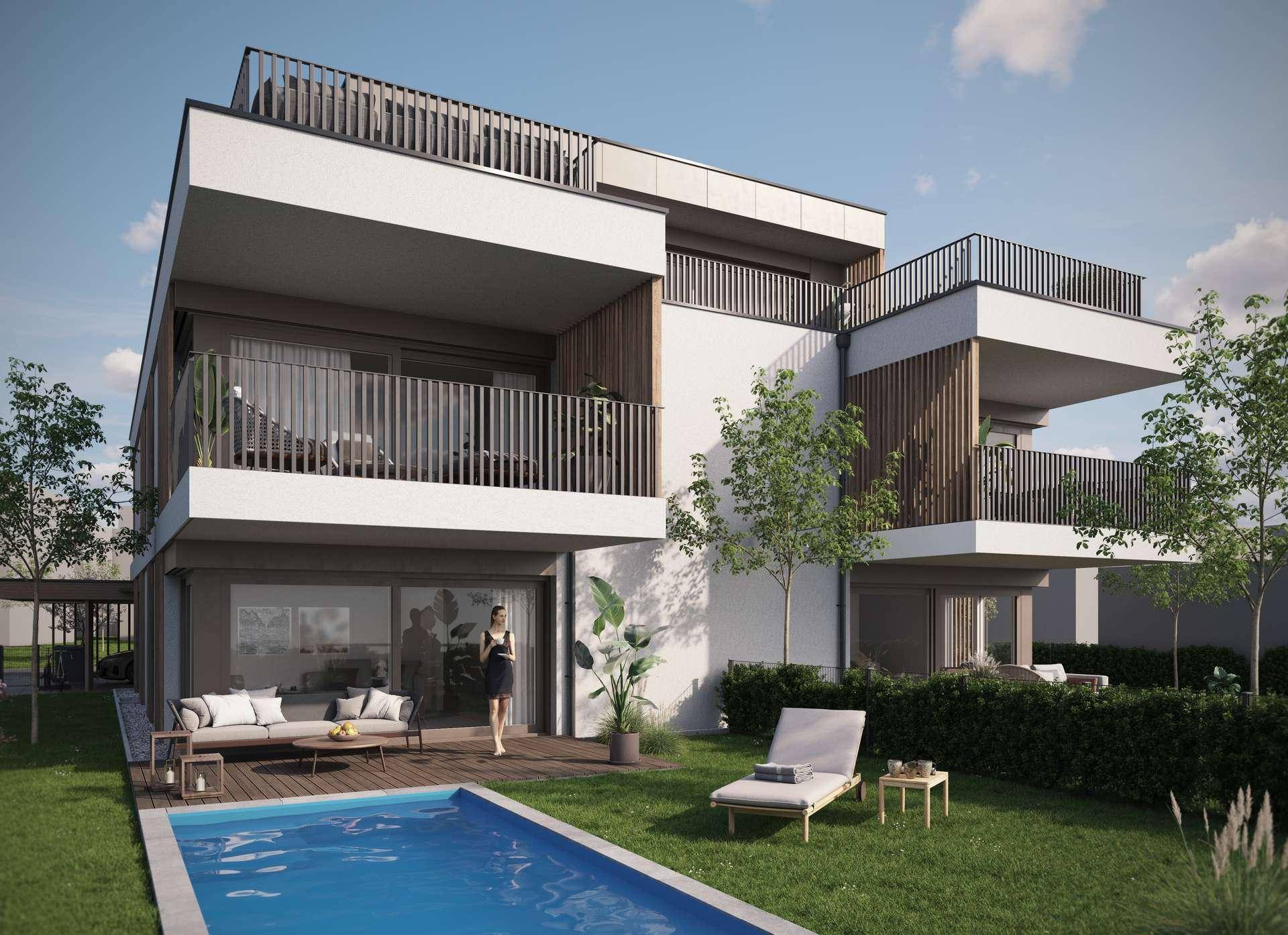 Zeitgenössisches Gebäude mit privatem Pool, Garten und möblierten Balkonen für entspannte Stunden.