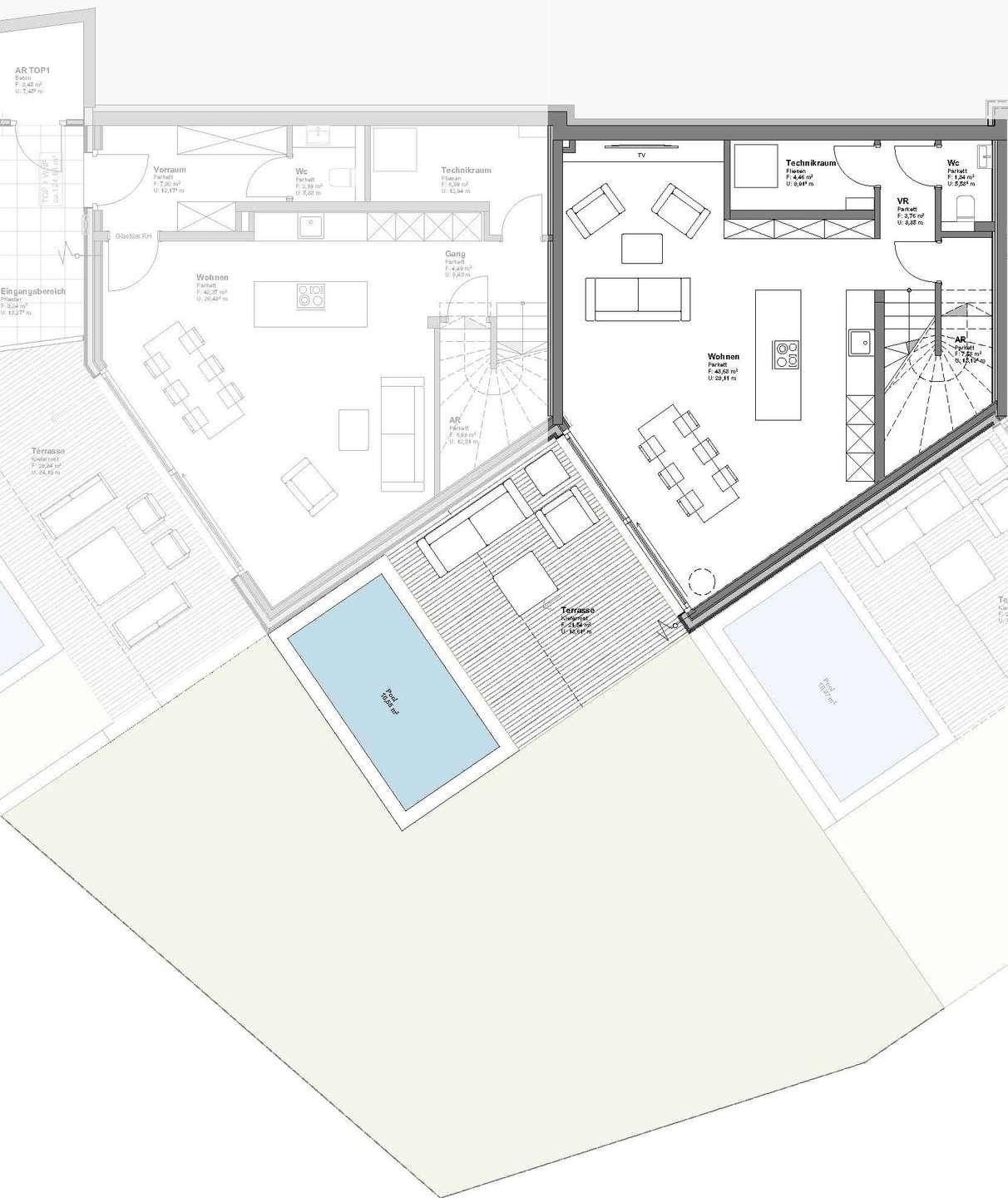 Grundriss mit offenem Wohn-Essbereich, integrierter Küche, großer Terrasse und Pool.