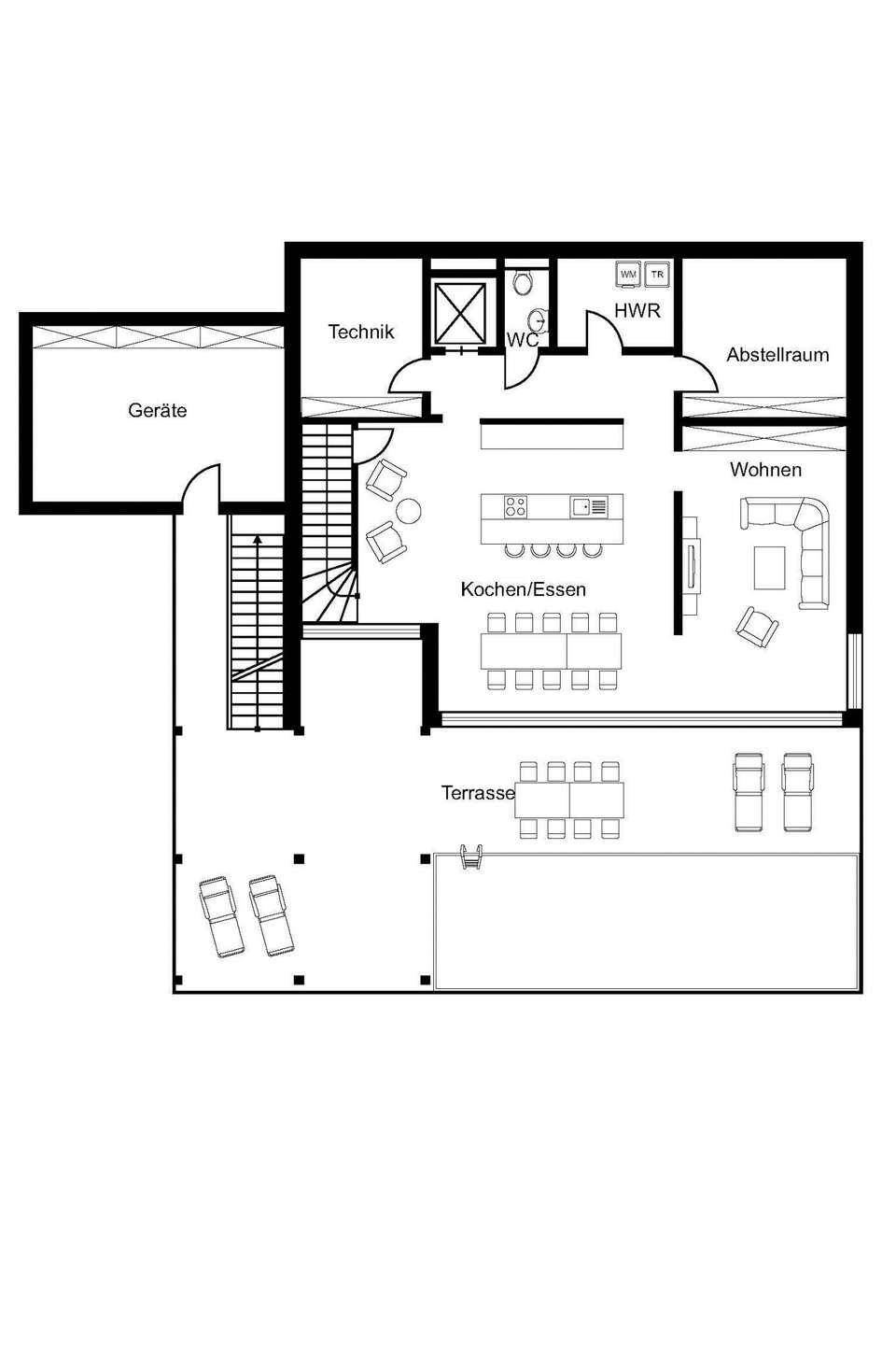 Grundriss des Erdgeschosses mit offenem Wohn-Essbereich und Terrasse.