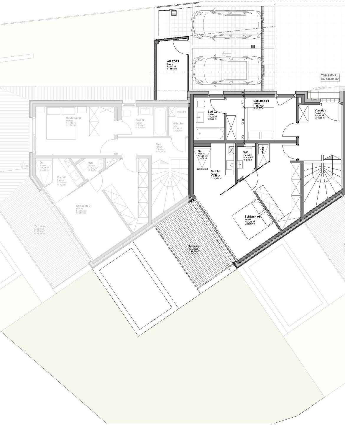 Grundriss des Obergeschosses mit Schlafzimmern, Bädern, Ankleidezimmer und Doppelgarage.