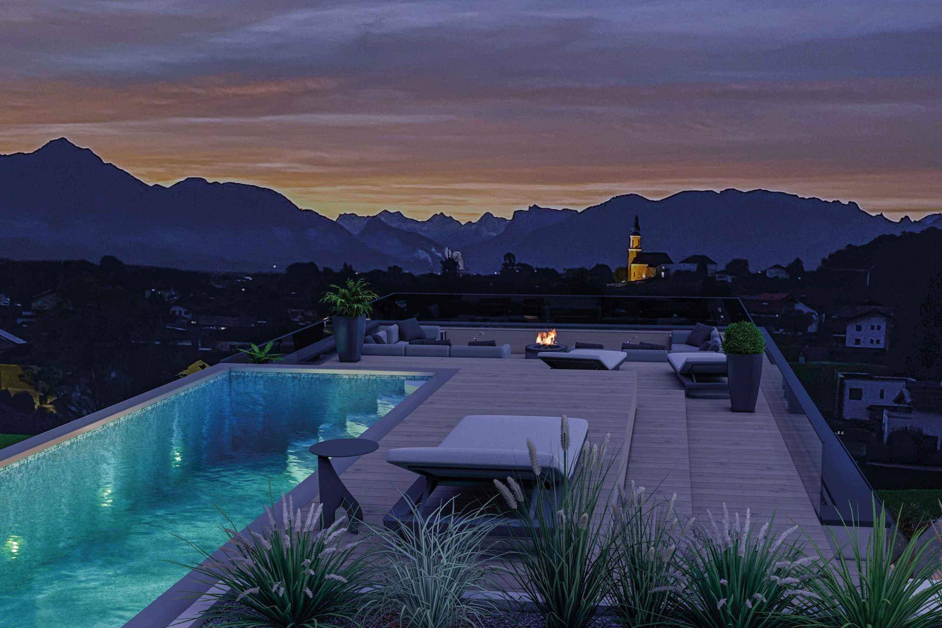 Exklusive Dachterrasse mit Infinity-Pool, Lounge-Bereich und atemberaubendem Bergblick bei Sonnenuntergang.