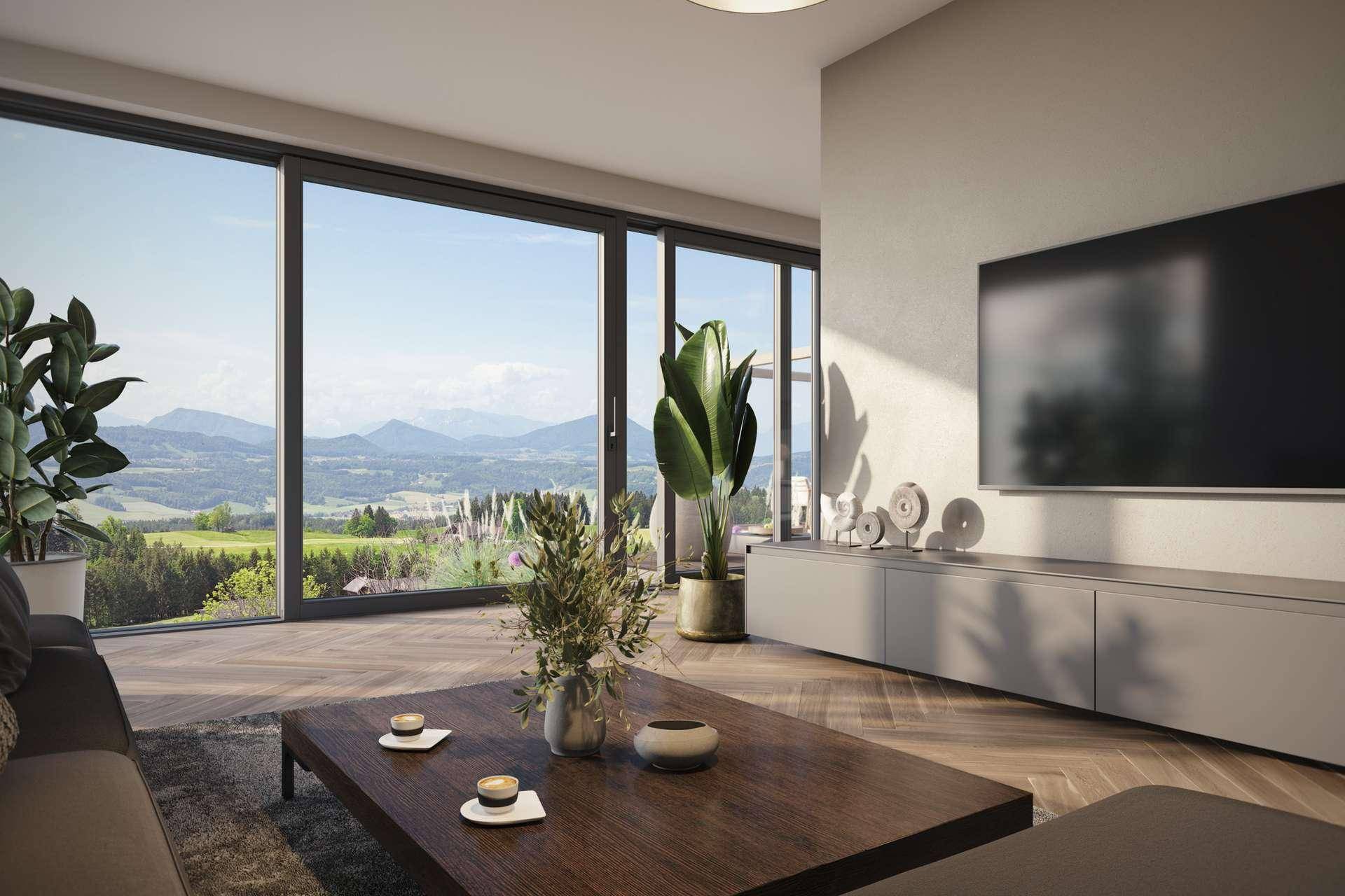 Helles Wohnzimmer mit großen Panoramafenstern, Holzboden und weitem Bergblick.