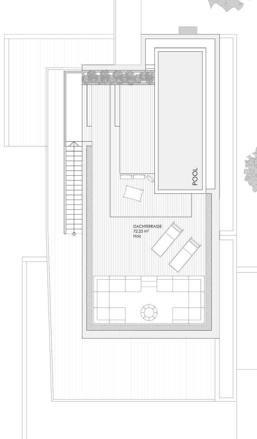 Grundriss der Dachterrasse mit großem Pool und weitläufigem Bereich zum Entspannen.