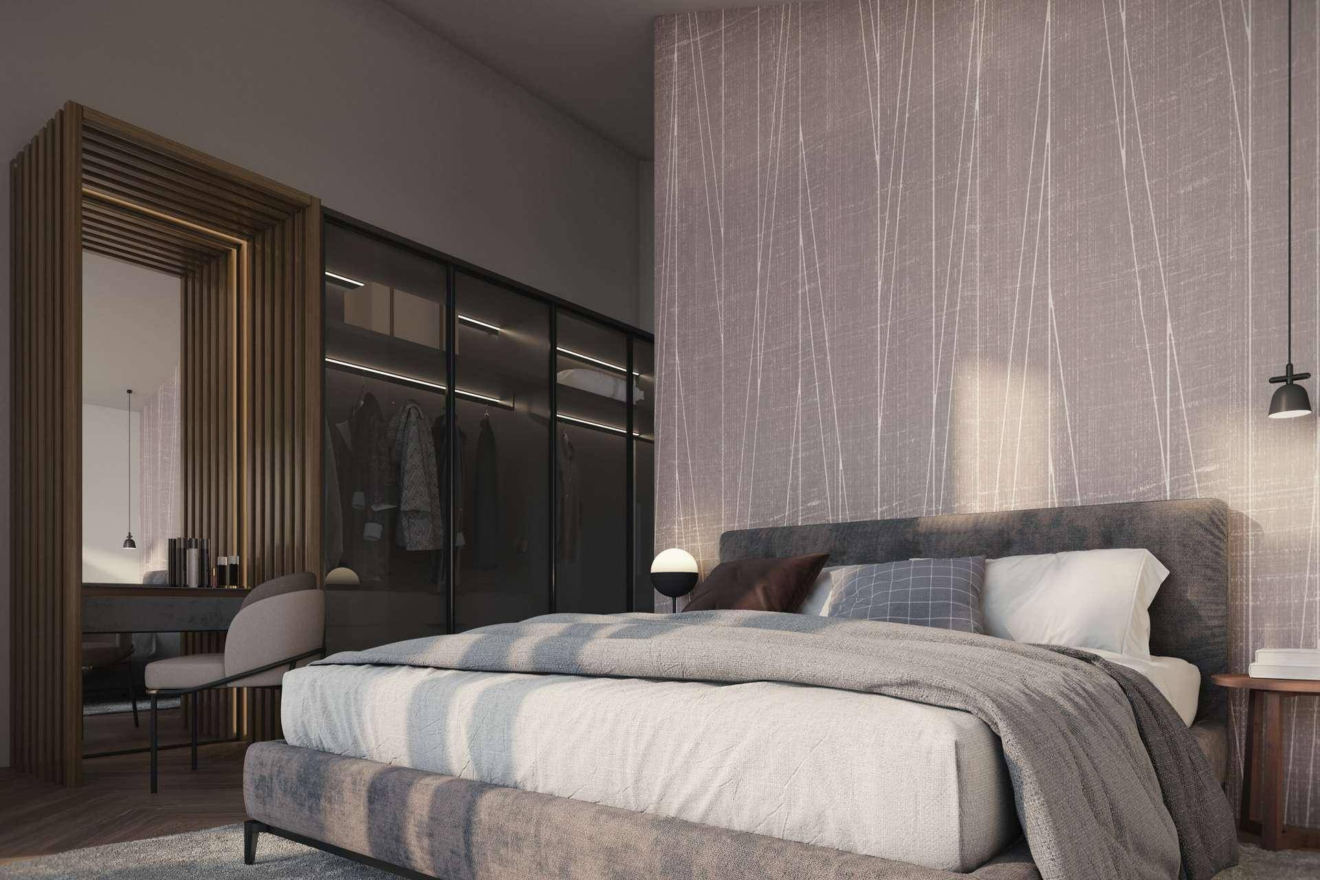 Schlafzimmer mit modernem Bett, integriertem Kleiderschrank und Schminktisch.