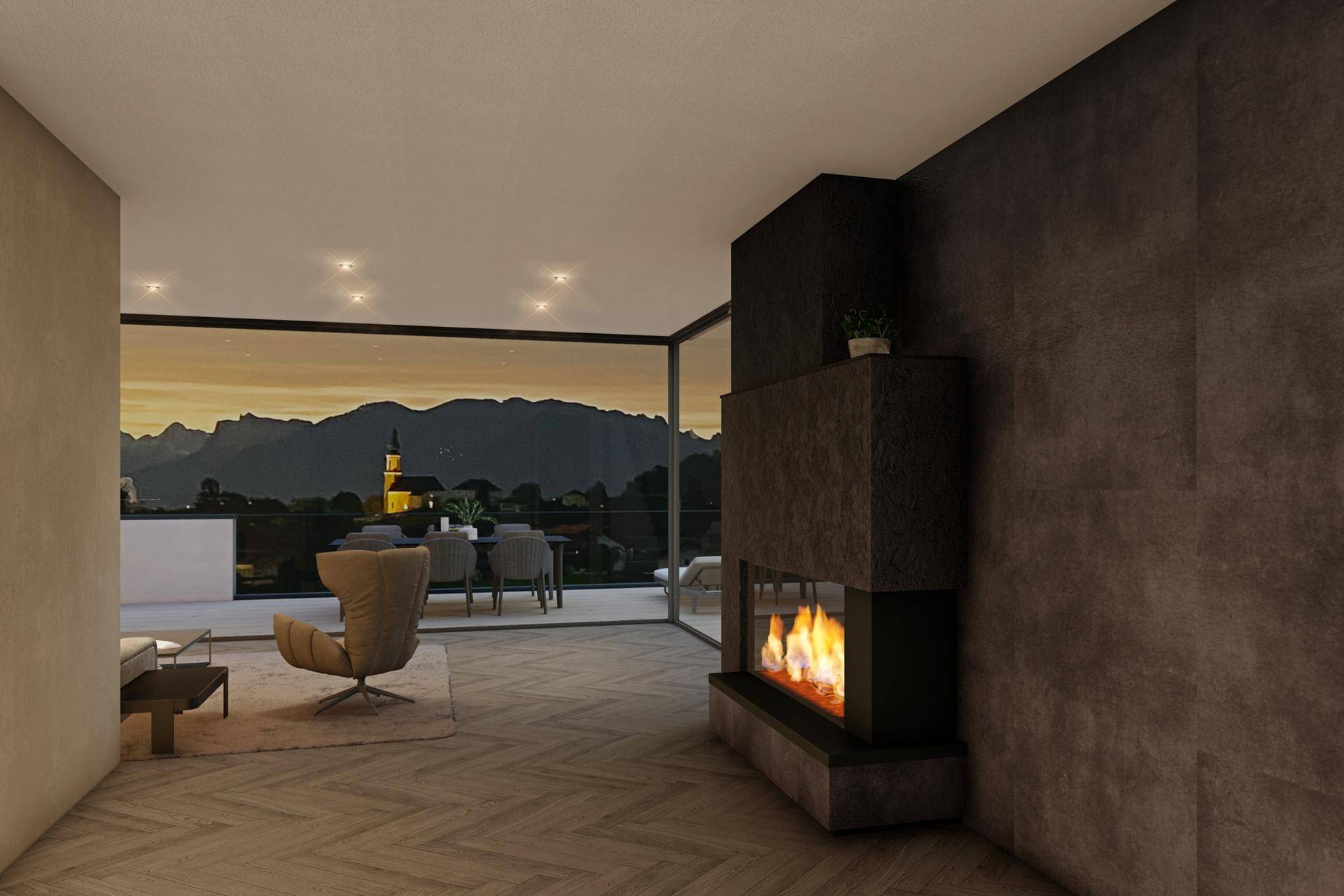 Gemütliches Wohnzimmer mit Kamin, Parkettboden und raumhohen Fenstern mit Bergblick.
