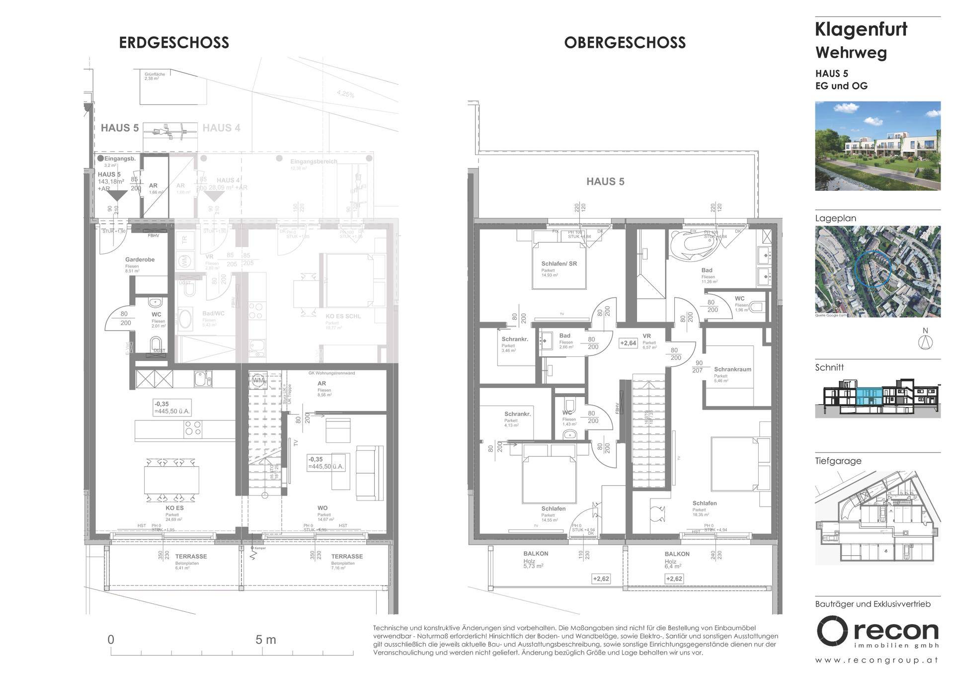 Grundriss für Haus 5, Erdgeschoss und Obergeschoss, mit Terrassen, Balkonen und offener Wohnküche.