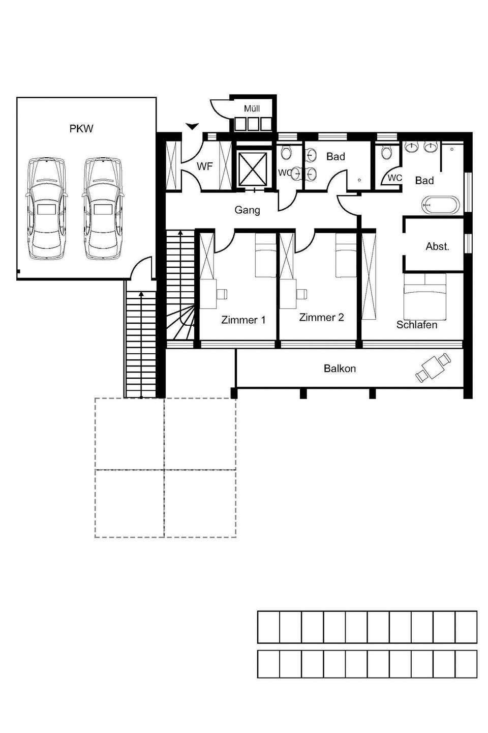 Grundriss des Obergeschosses mit Schlafzimmern, Bädern und Balkon.
