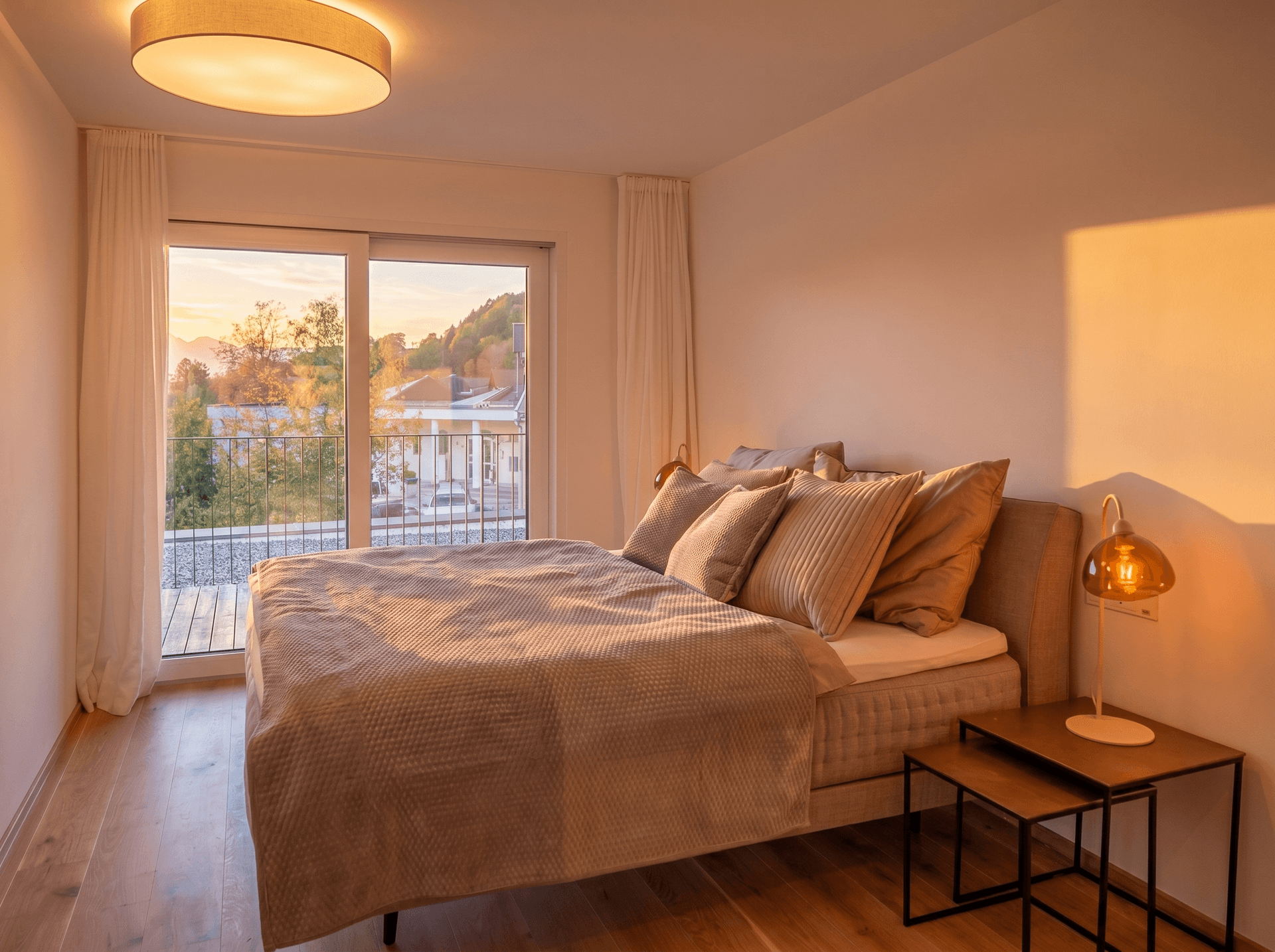 Helles Schlafzimmer mit großem Bett, Holzboden und Zugang zu einem Balkon, durchflutet von warmem Abendlicht.