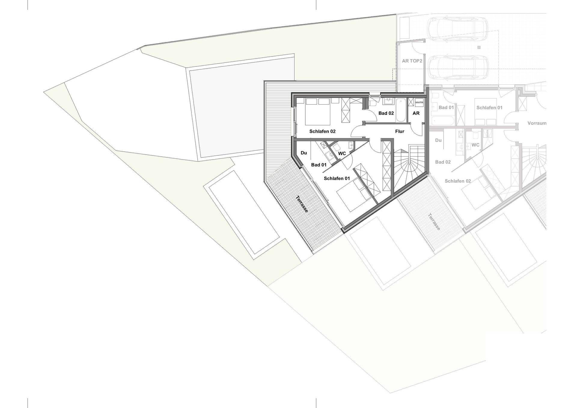 Grundriss des Obergeschosses mit zwei Schlafzimmern, zwei Bädern und einer weiteren Terrasse.