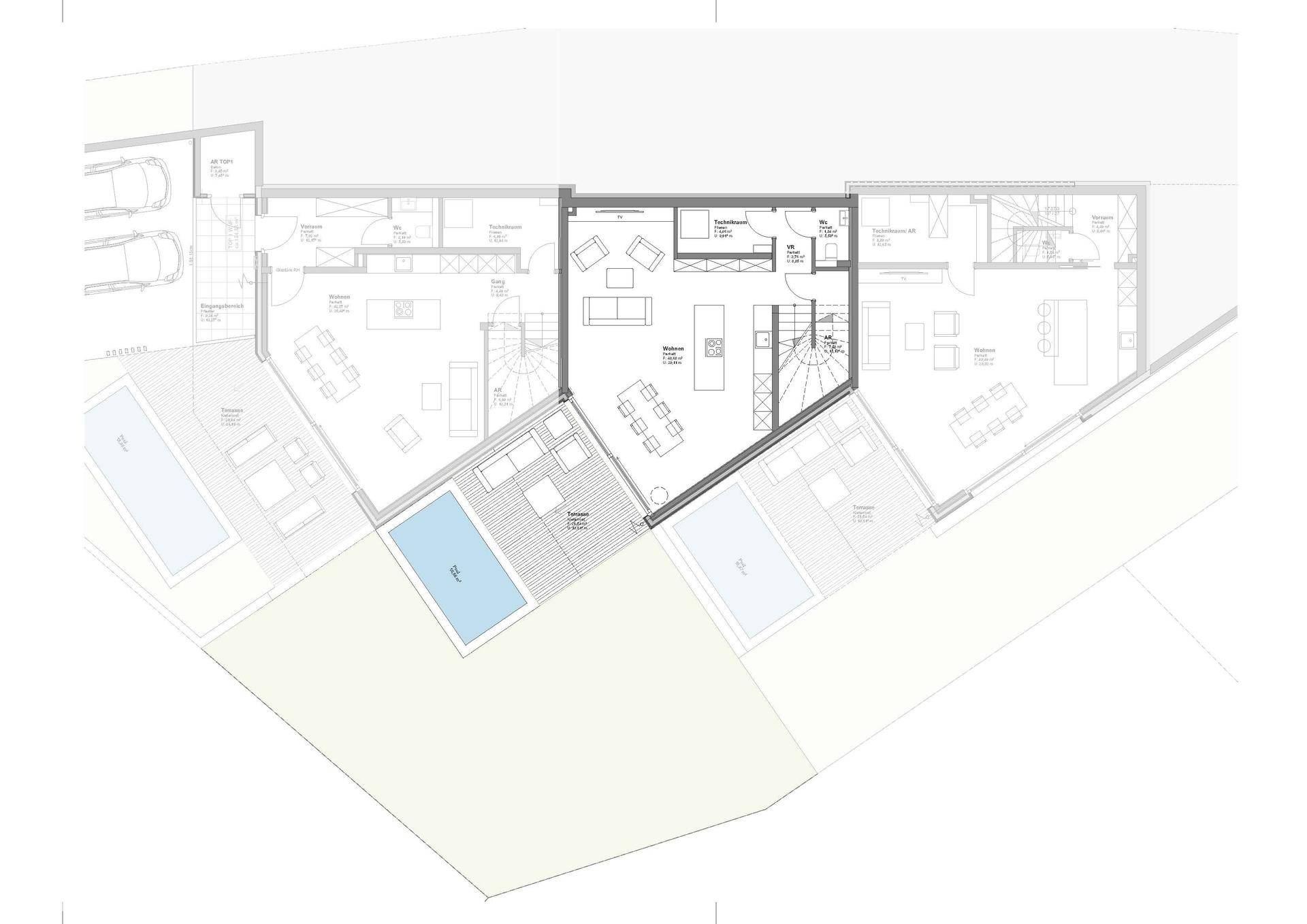 Grundriss des Erdgeschosses mit offenem Wohnbereich, Terrasse und privatem Pool.