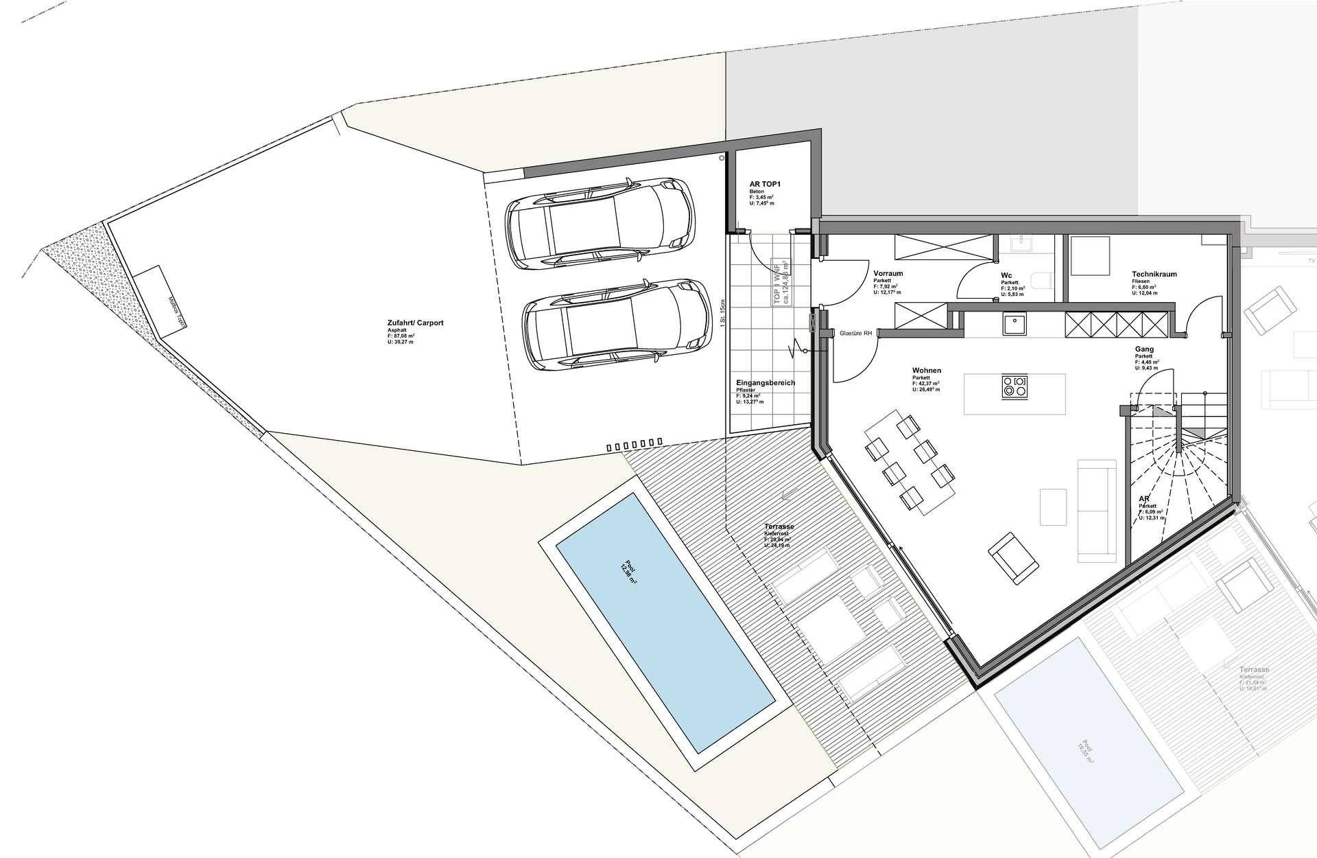 Grundriss des Erdgeschosses mit offenem Wohn-Essbereich, Küche, Pool und Carport.