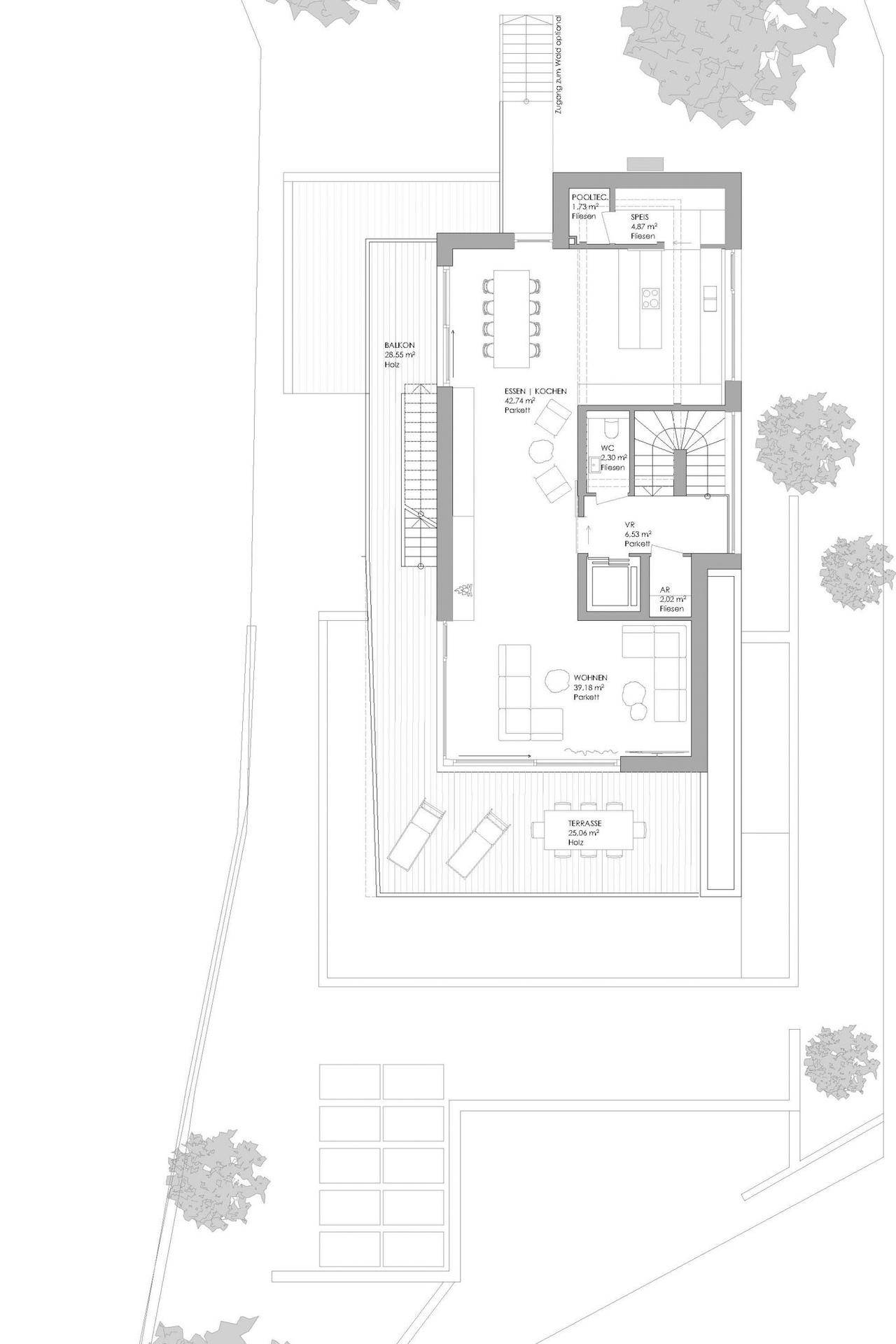Grundriss des Dachgeschosses mit großem Wohnbereich, Küche und Dachterrasse.