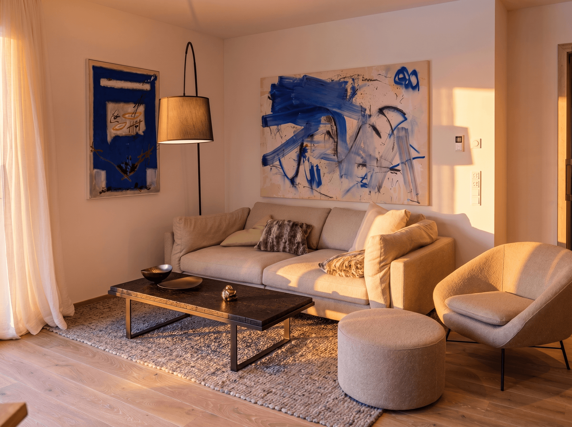 Gemütliches Wohnzimmer mit beigem Sofa, modernem Couchtisch und abstrakter Kunst an den Wänden.